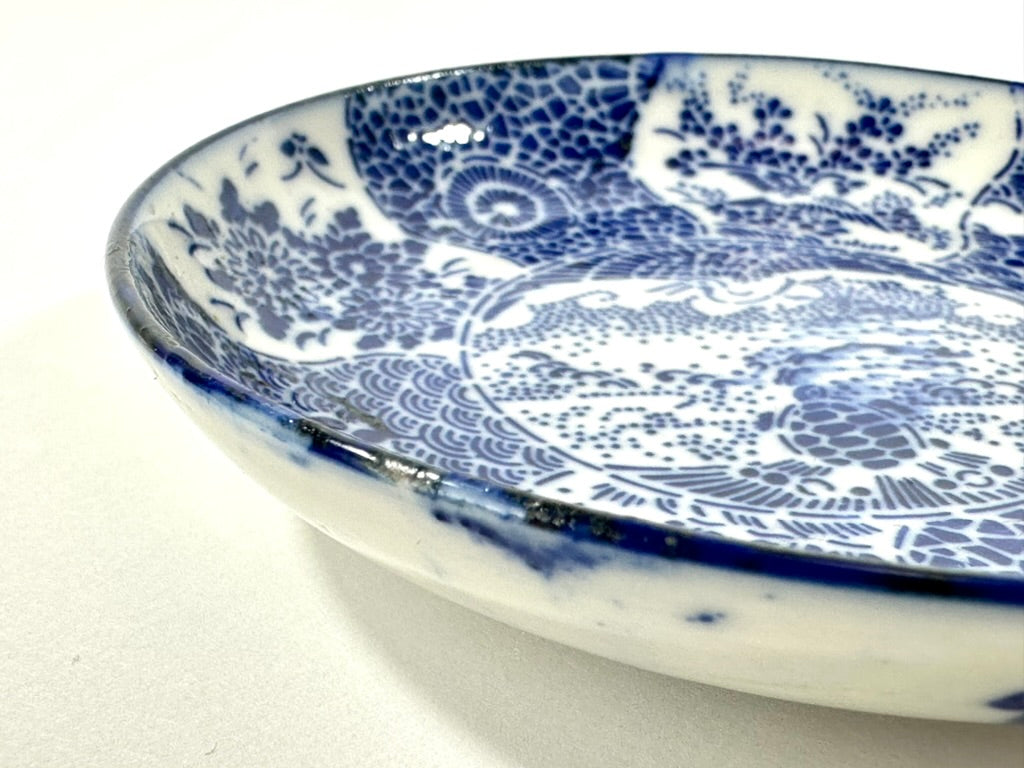 Antique Japanese Meiji c1890's Stencil Kashizara Sweets Plate Blue White 4.25"W