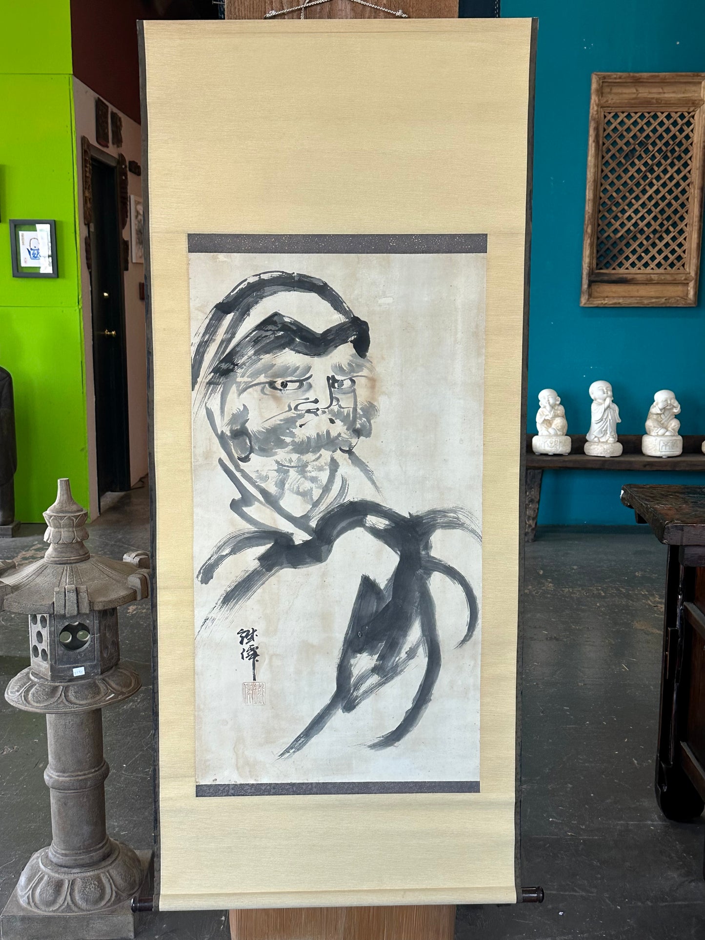 Antique Japanese Kakejiku Hanging Scroll Daruma Bodhidharma Zenga Ink Painting 61"L