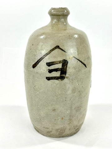 Antique Japanese Edo Period c1800 Grey Glazed Stoneware Tokkuri Sake Jug Iron Black Calligraphy 10"H