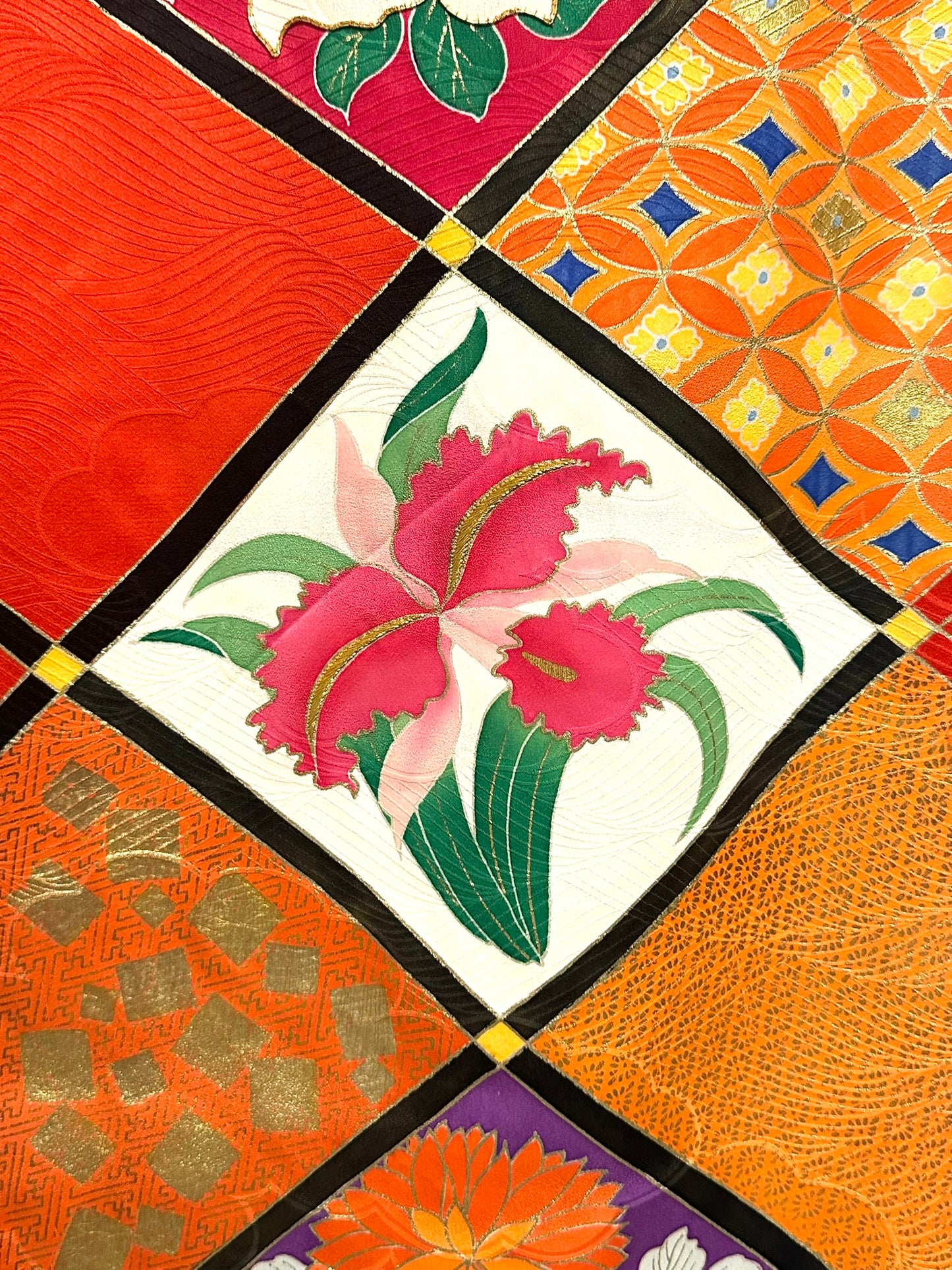 Vintage Japanese Silk Rinzu Kimono Hishi Diamond Floral Panels Showa Furisode