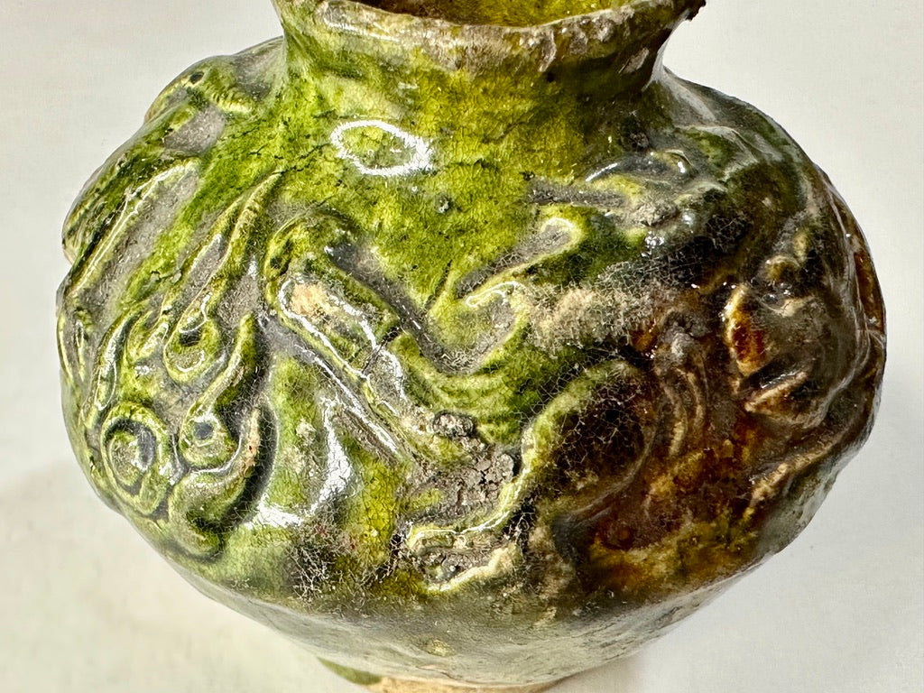 Chinese Green Glazed Miniature Pottery Jar Molded Dragon Relief Archaistic Floral Stamp ~1"H