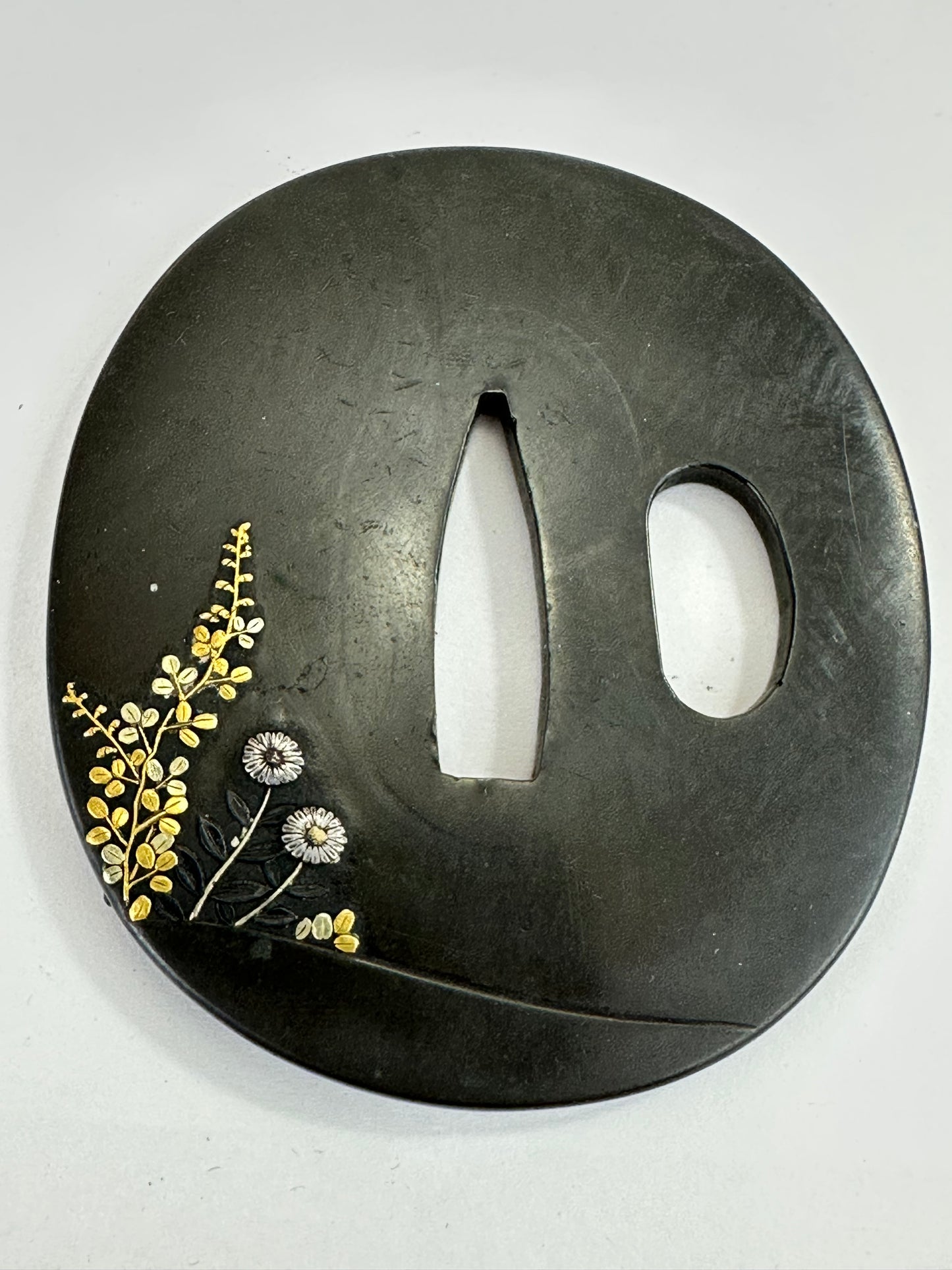 Antique Japanese Bronze Samurai Tsuba by Hamano (b1754) Deer Motif Gold Inlay 68mm