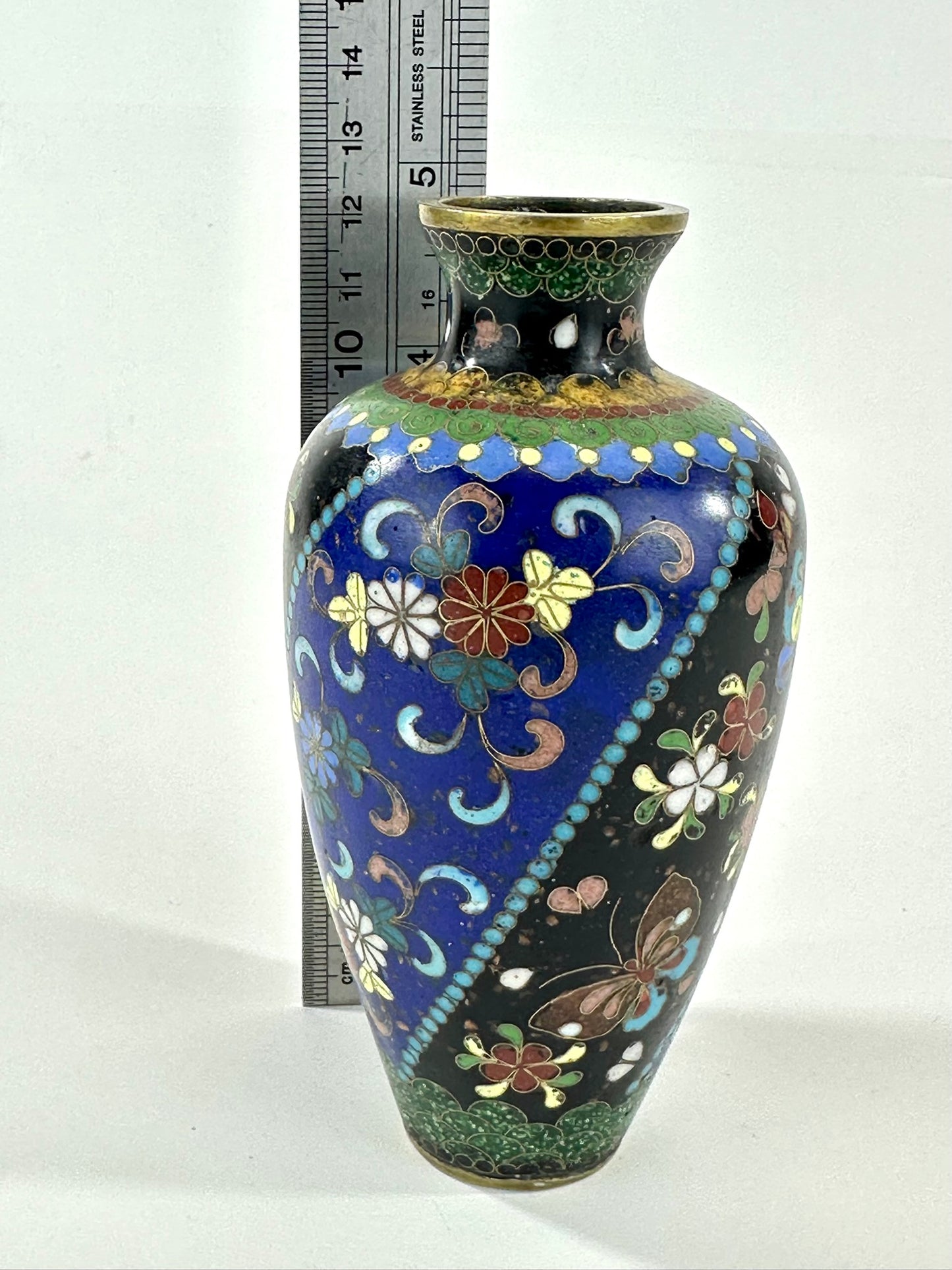 Japanese Meiji Cloisonne Shippo Baluster Vase Cobalt Black Butterfly Floral 5"H