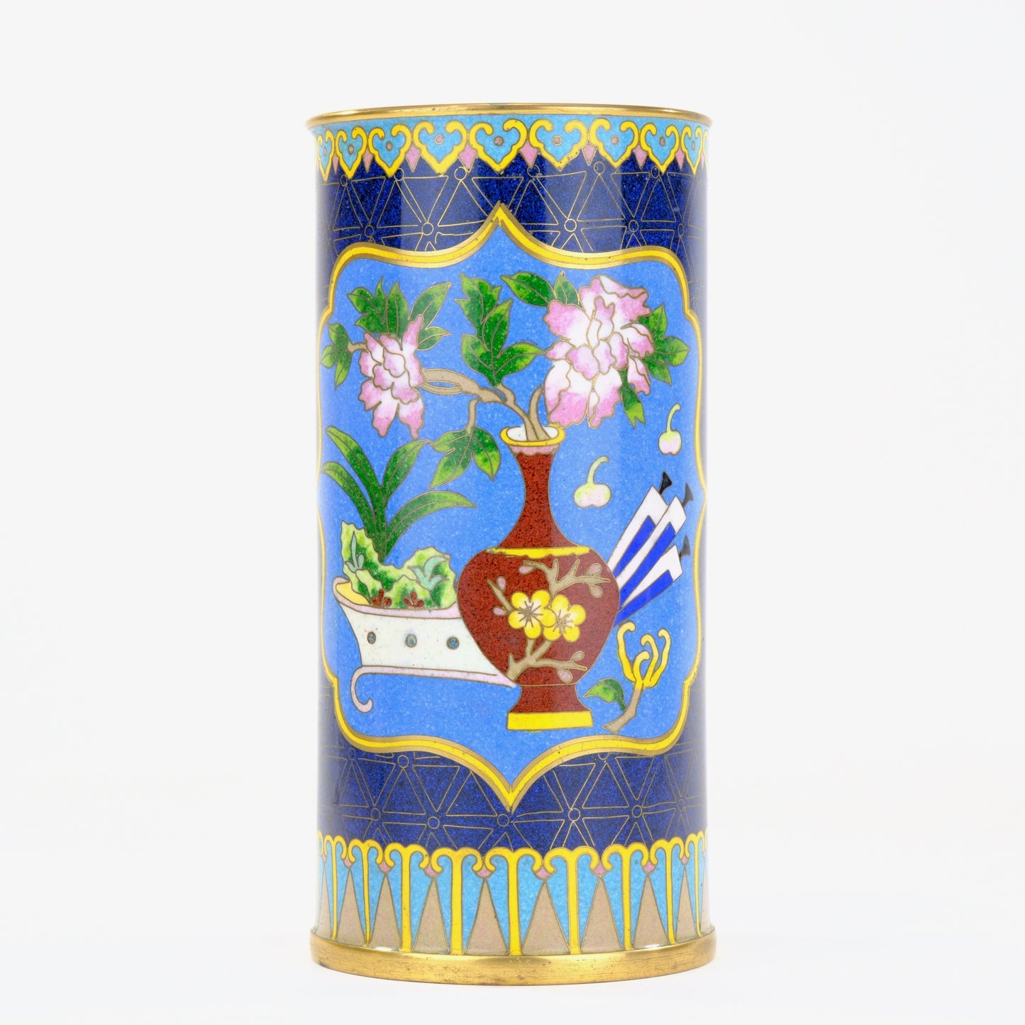 Chinese Cloisonne Enamel Brush Pot Cylinder Vase Blue Ground Scholar Objects Panel 7"H