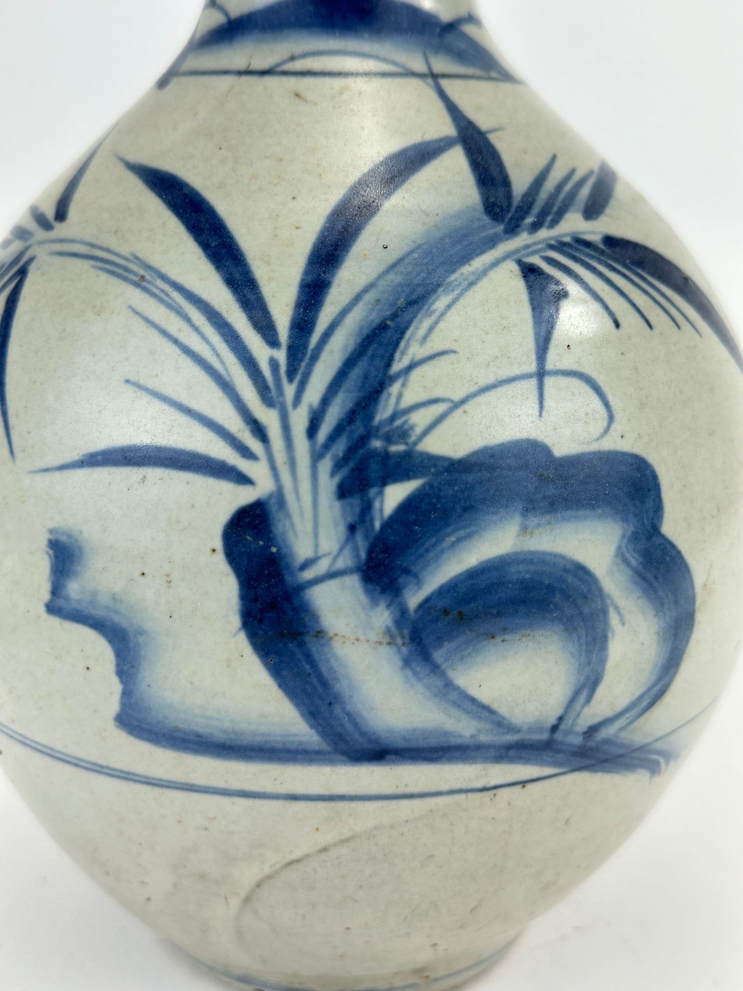 Antique Japanese Blue and White Porcelain Tokkuri with Grass Motif 10"