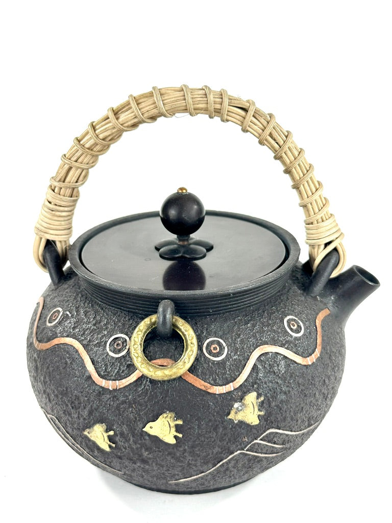 Vintage Japanese Signed Cast Iron Tetsubin Plover Wave Gold Silver Copper Inlay Showa 6.5"W LS#055