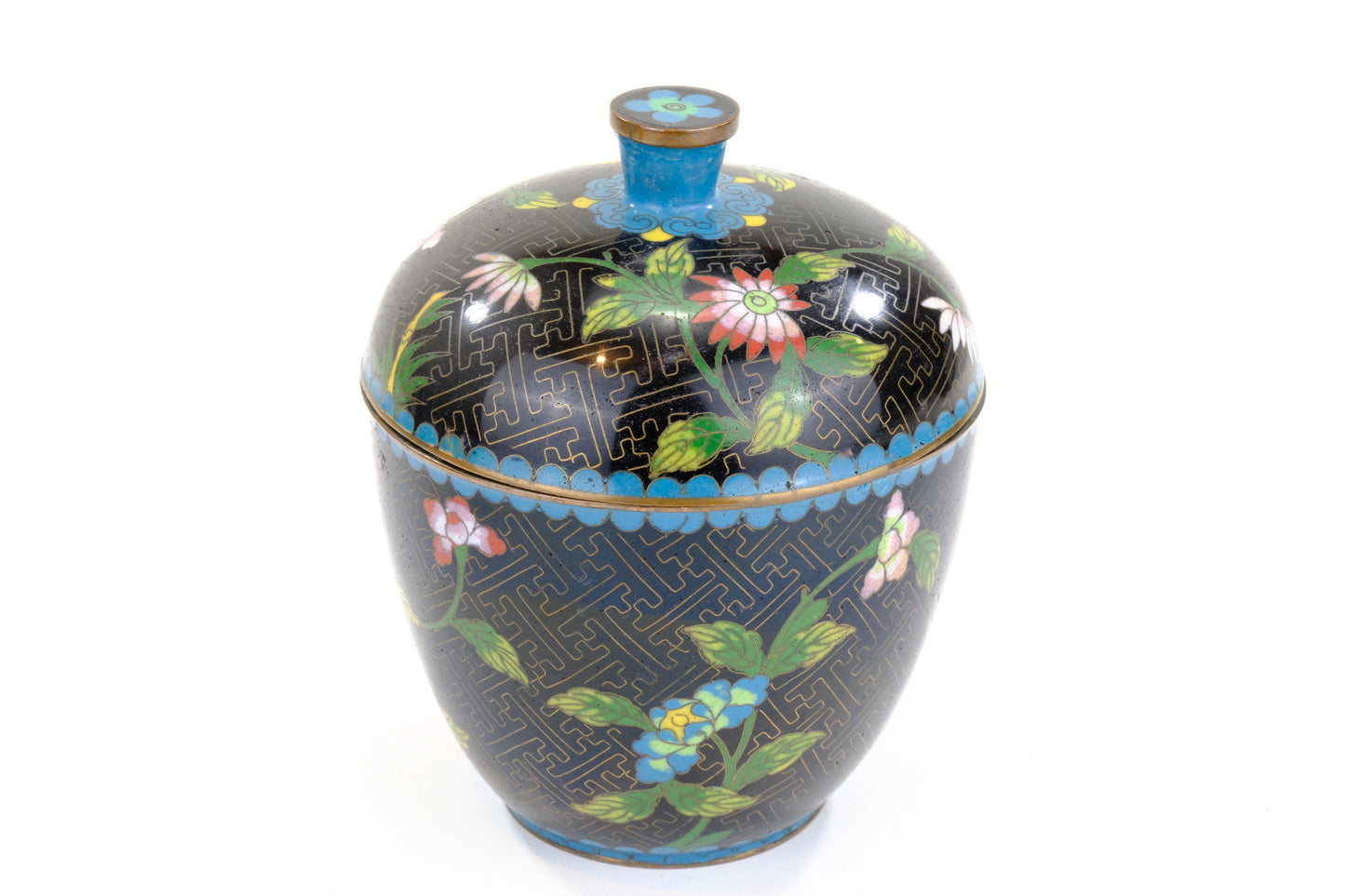 Chinese Cloisonne Enamel Moon Flask Vase Green Black Ground Floral Butterfly Three Feet 5.5"H