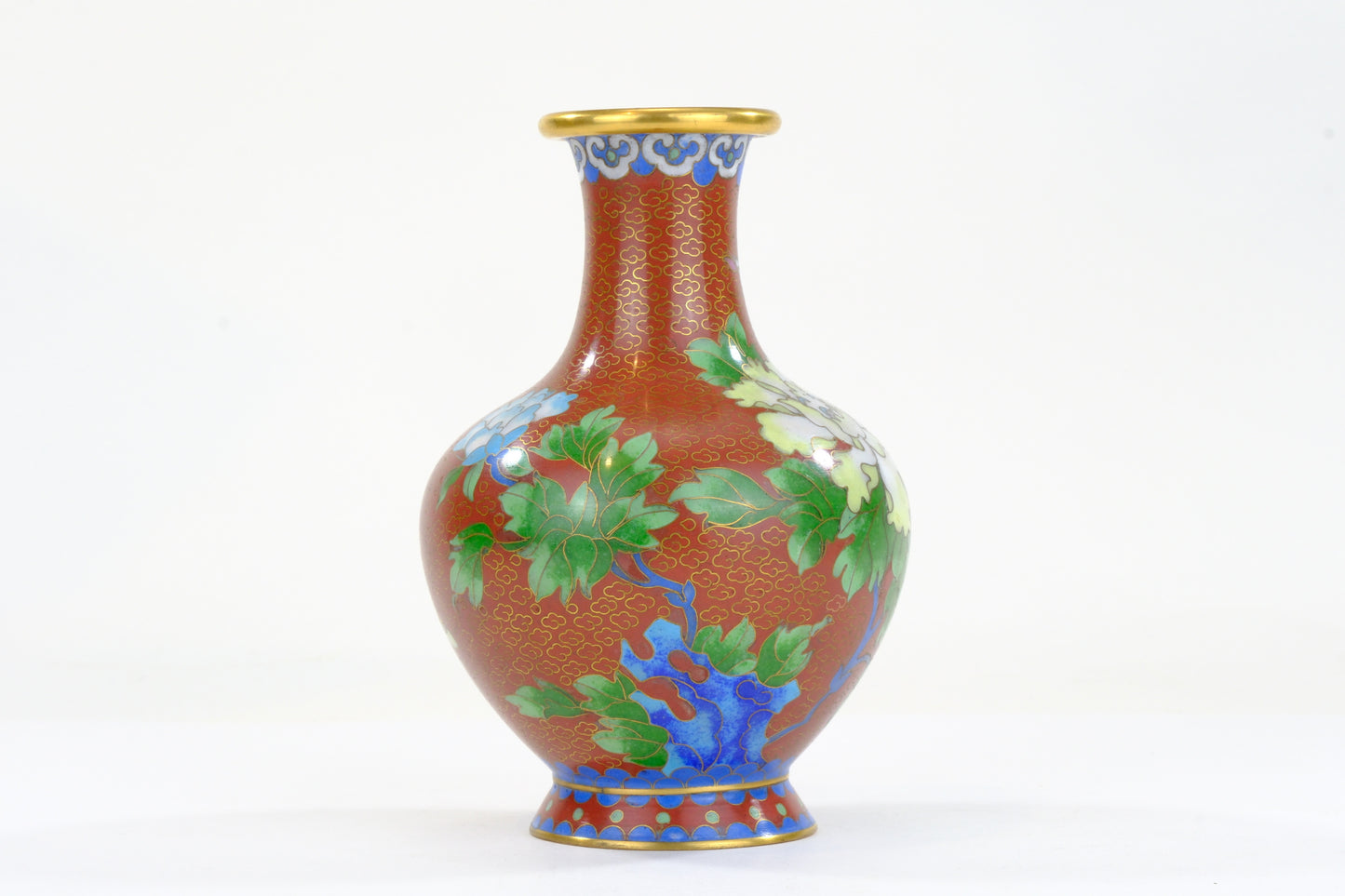 Chinese Cloisonne Enamel Vase Red Rust Ground White Peony Scholar Rock Blue Foot 6"H