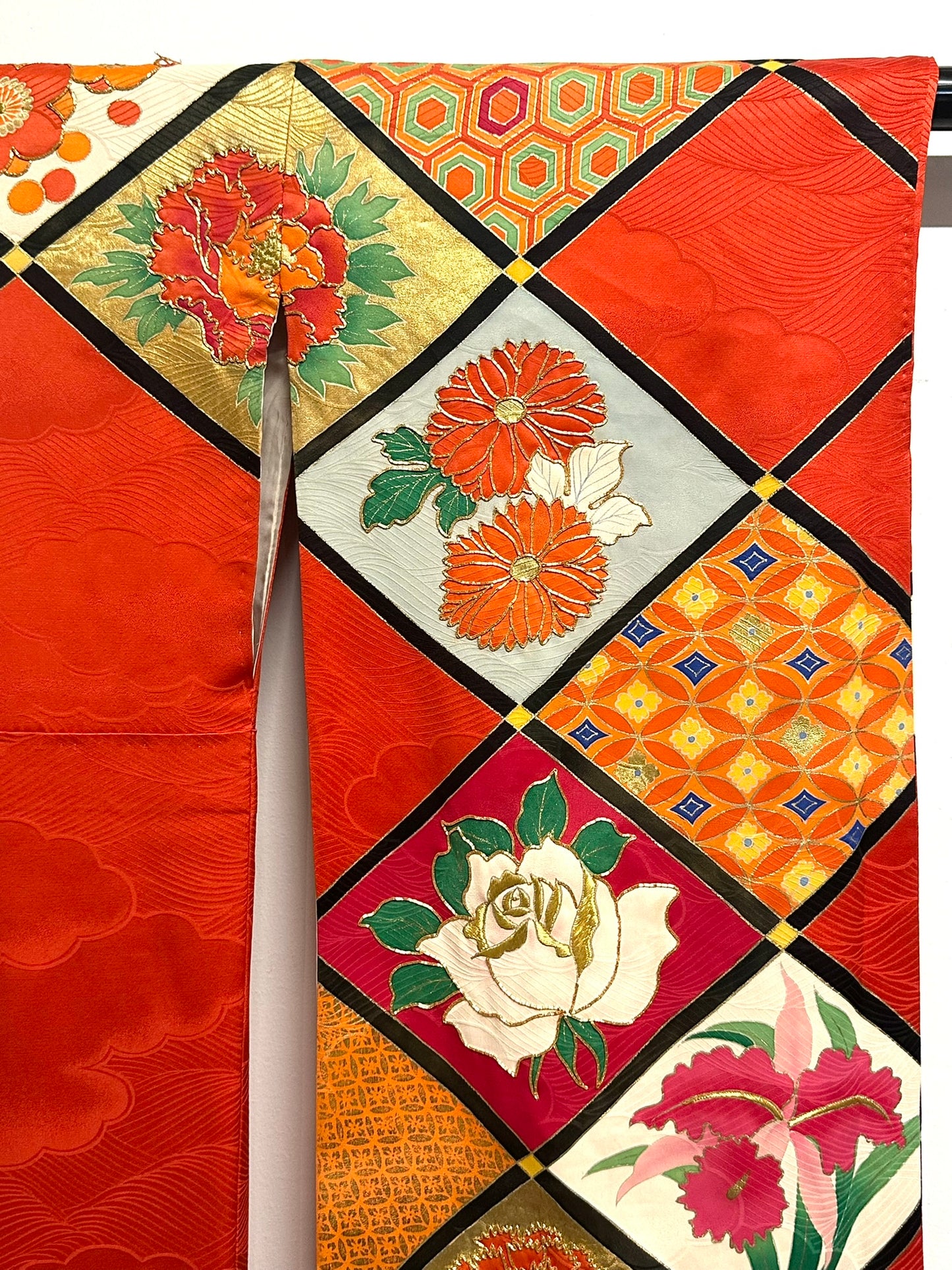 Vintage Japanese Silk Rinzu Kimono Hishi Diamond Floral Panels Showa Furisode