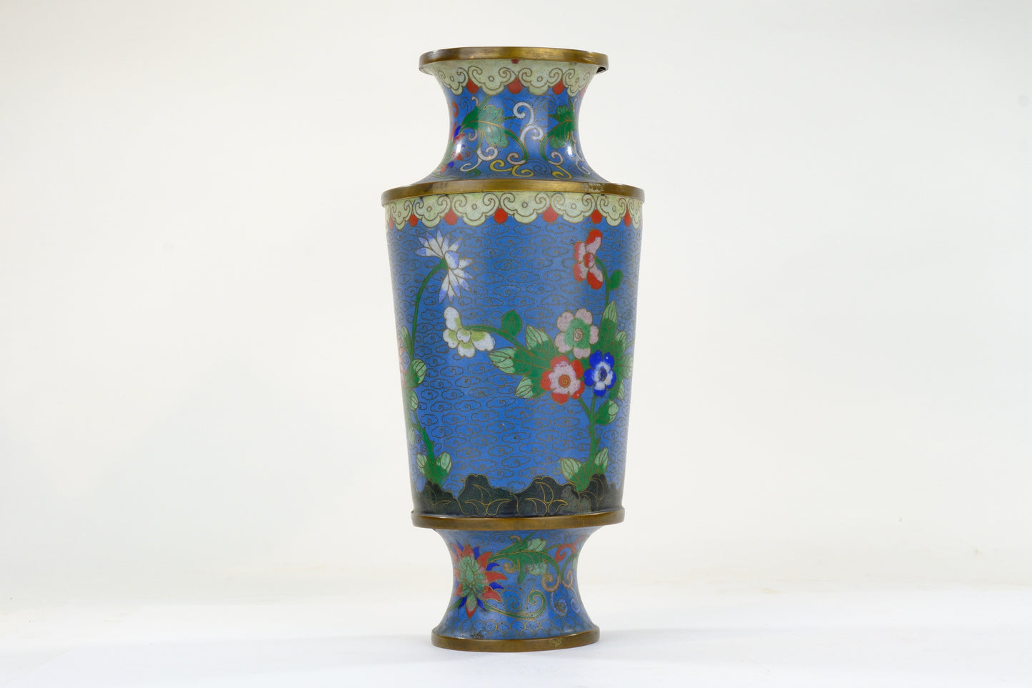 Chinese Cloisonne Enamel Vase Blue Ground Floral Butterfly Brass Paneled Form