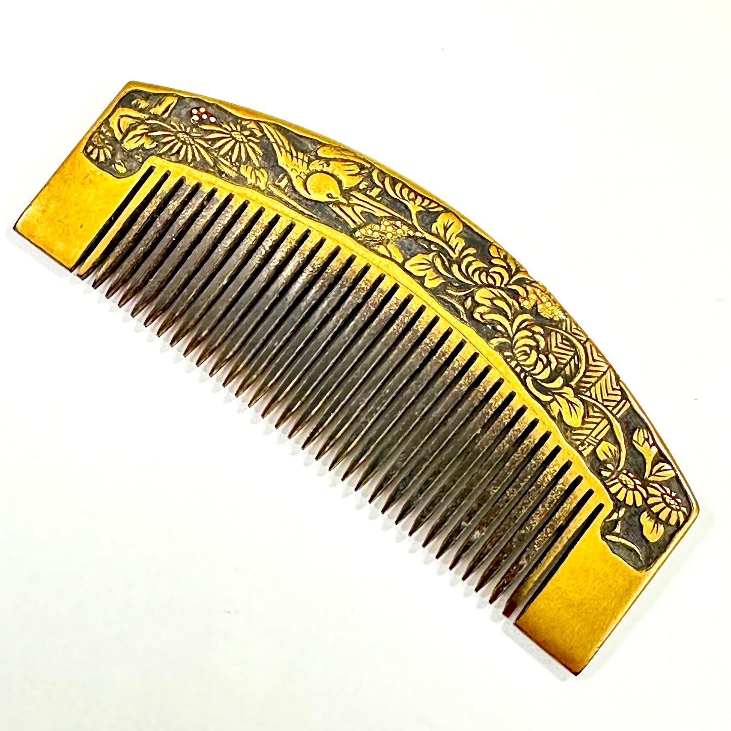 Antique Japanese Geisha Comb Kushi Hairpiece Kanzashi Gold Makie Sparrow & Flowers 3"