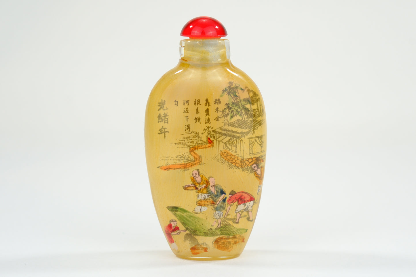 Vintage Chinese Glass Reverse Painted Snuff Bottle w/Stopper 3"