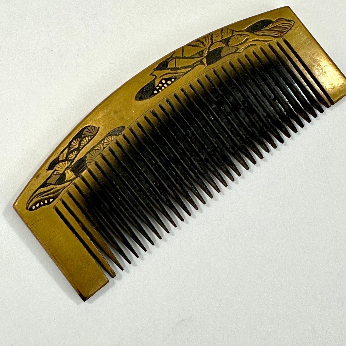 Antique Japanese Geisha Comb Kushi Hairpiece Kanzashi Gold Makie Hut w/ Pines 3.5"