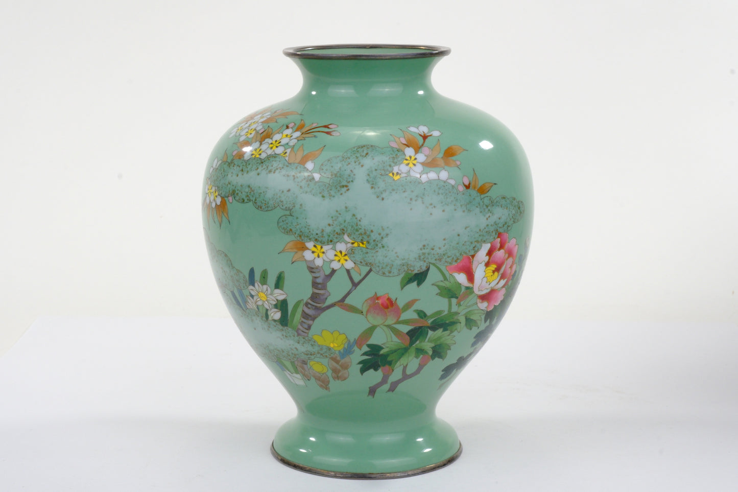 Antique Japanese Meiji Era (c1880) Cloisonné Vase Floral Motif Green 8"