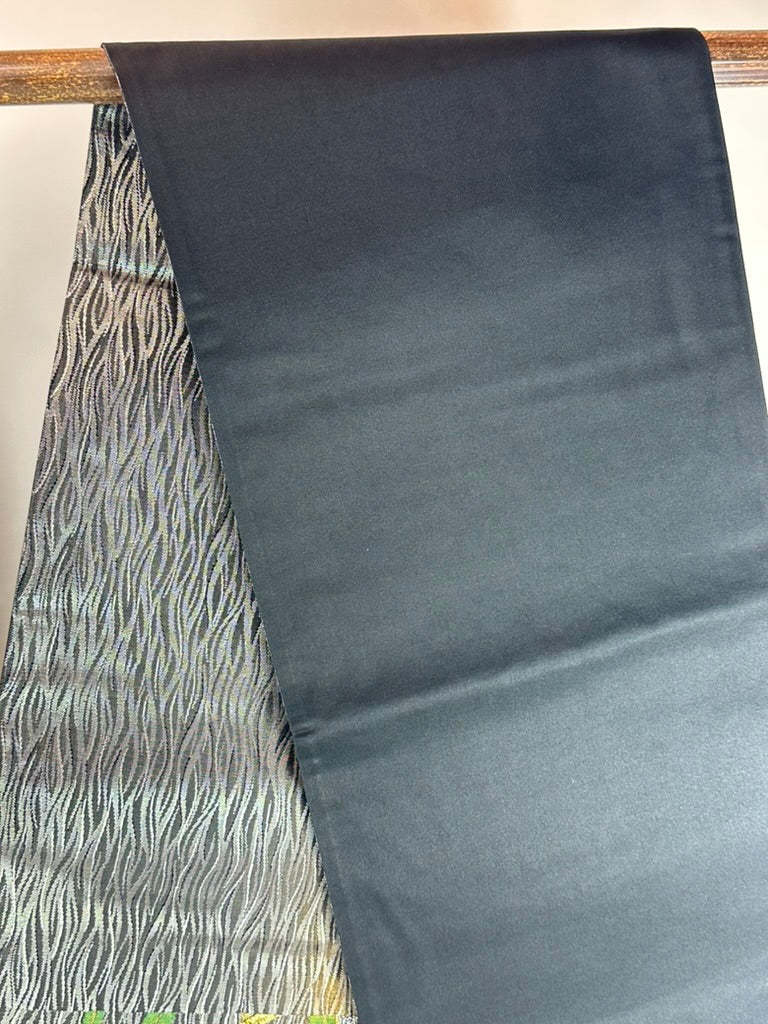 Vintage Japanese Silk Fukuro Obi Gold Foil Orchid Black Ground 13'L