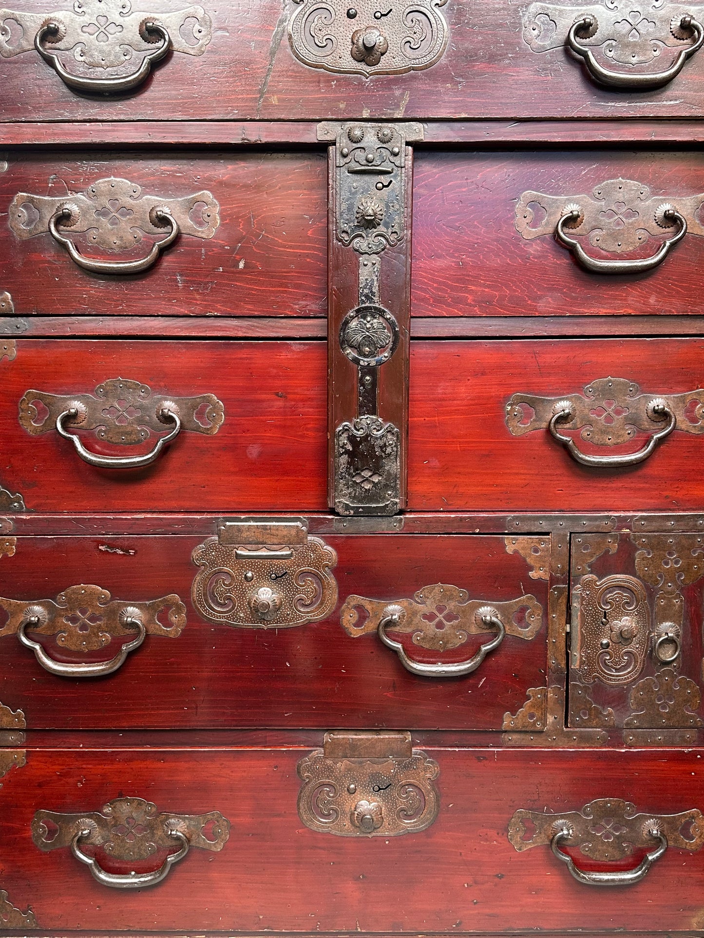 Antique Japanese Meiji Era c1890's Matsumoto Tansu Persimmon & Vermilion Finish 41"H