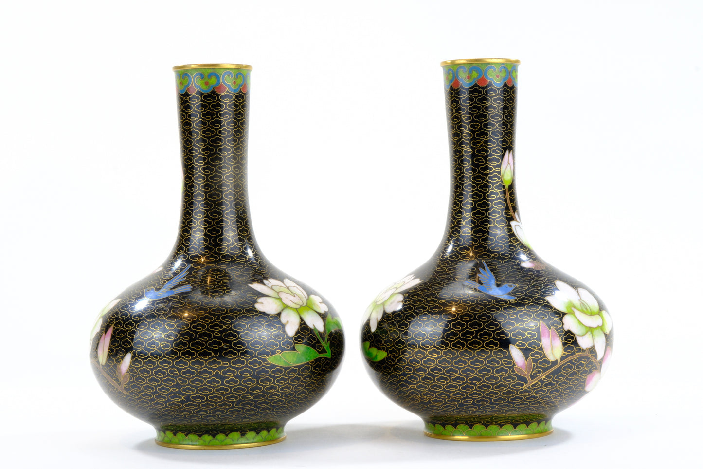 Pair of Antique Japanese Cloisonné Miniature Vases with Floral Decoration Meiji Period