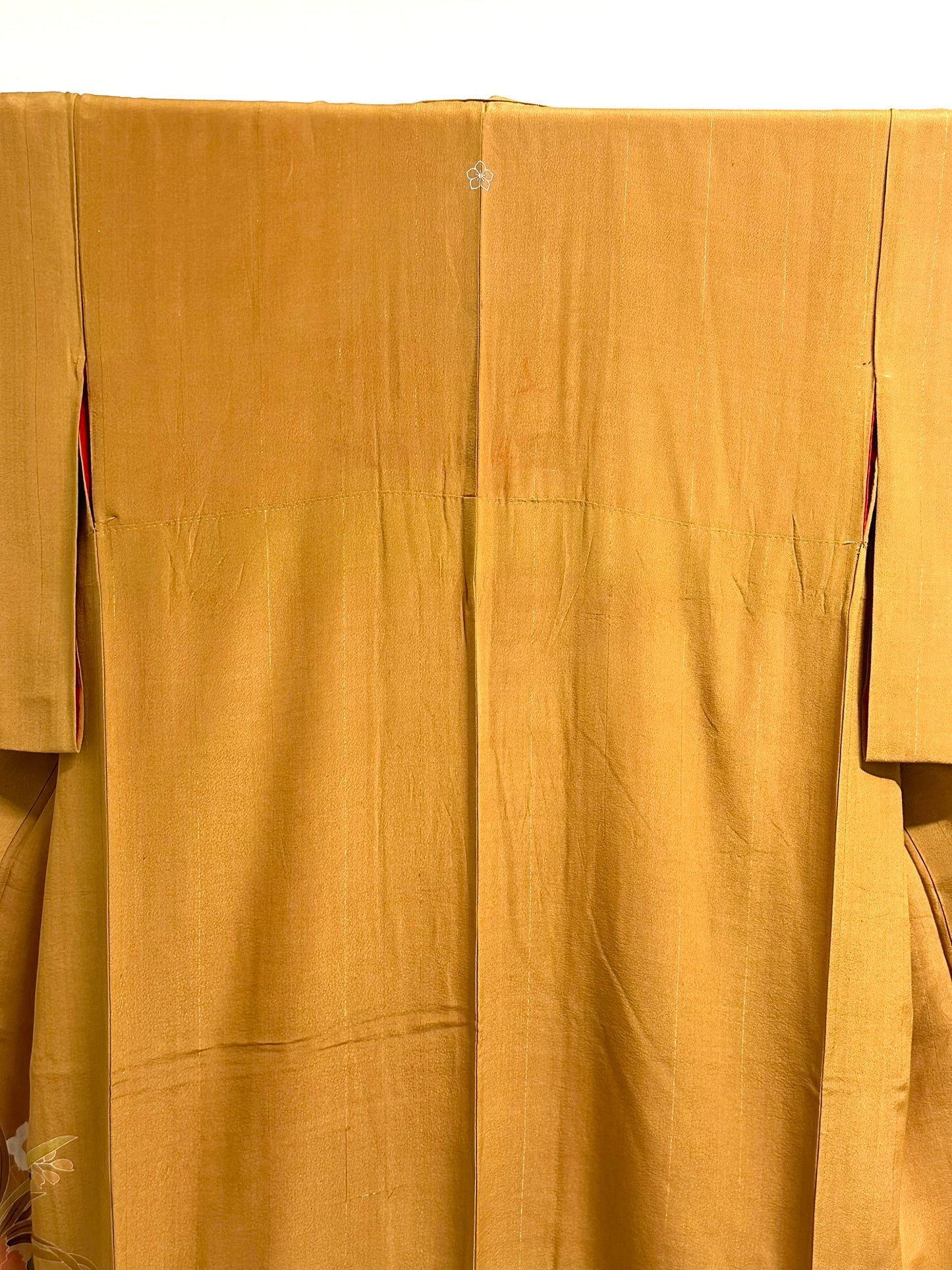 Vintage Japanese Silk Tomesode Kimono Yuzen Botan Peony Gold Amber Showa