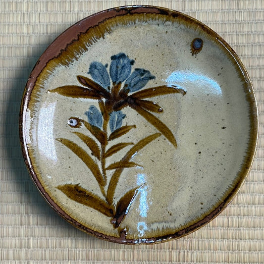 Vintage Japanese Mashiko Mingei Hamada School Stoneware Plate c1970 Botanical Blue Accent 11"W