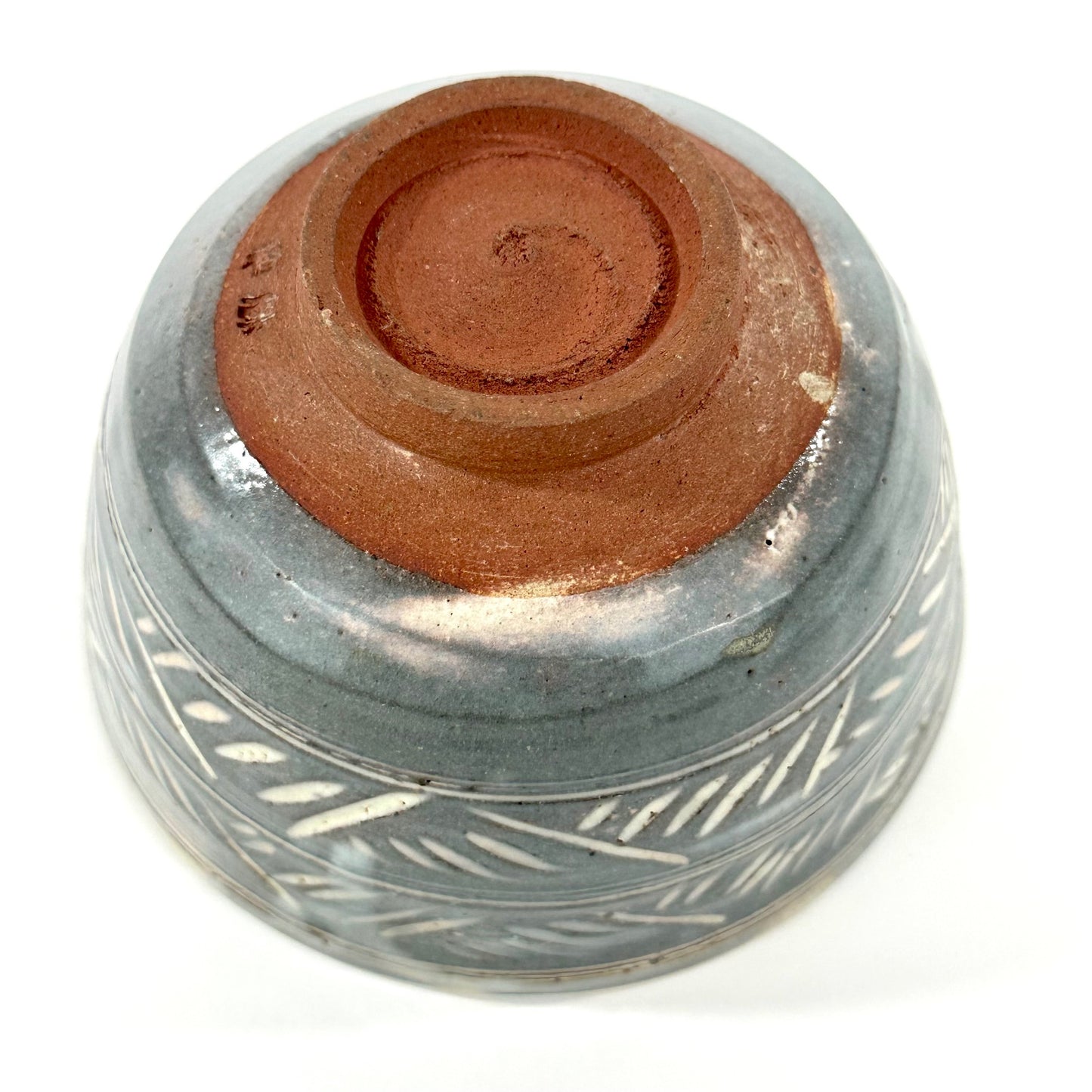 Japanese Tokoname Style Stoneware Chawan  Mishima Decoration W/ Grey Glaze Over White Slip Red Terracotta