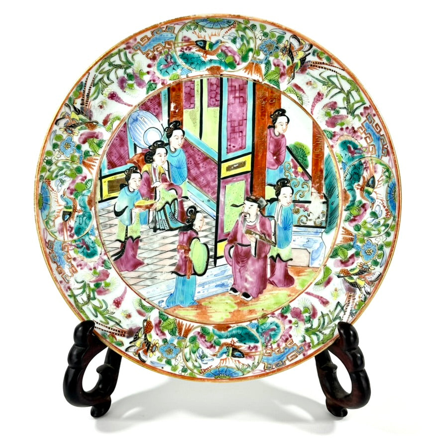 Antique Chinese Qing Famille Rose Canton Plate Garden Interior Scene 8″W