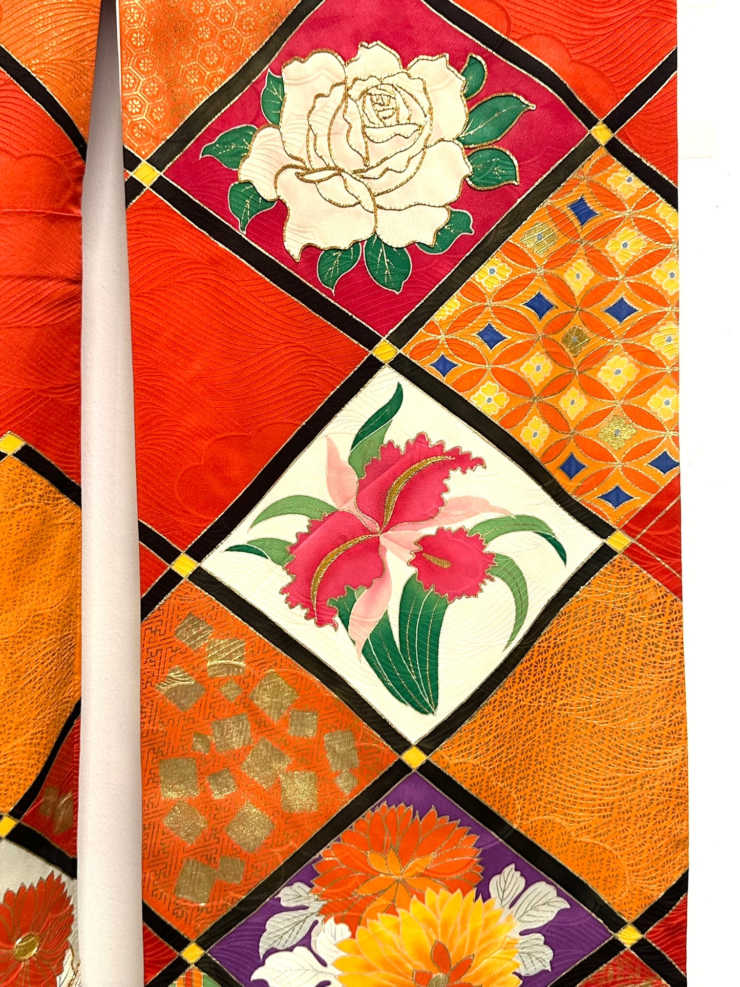 Vintage Japanese Silk Rinzu Kimono Hishi Diamond Floral Panels Showa Furisode