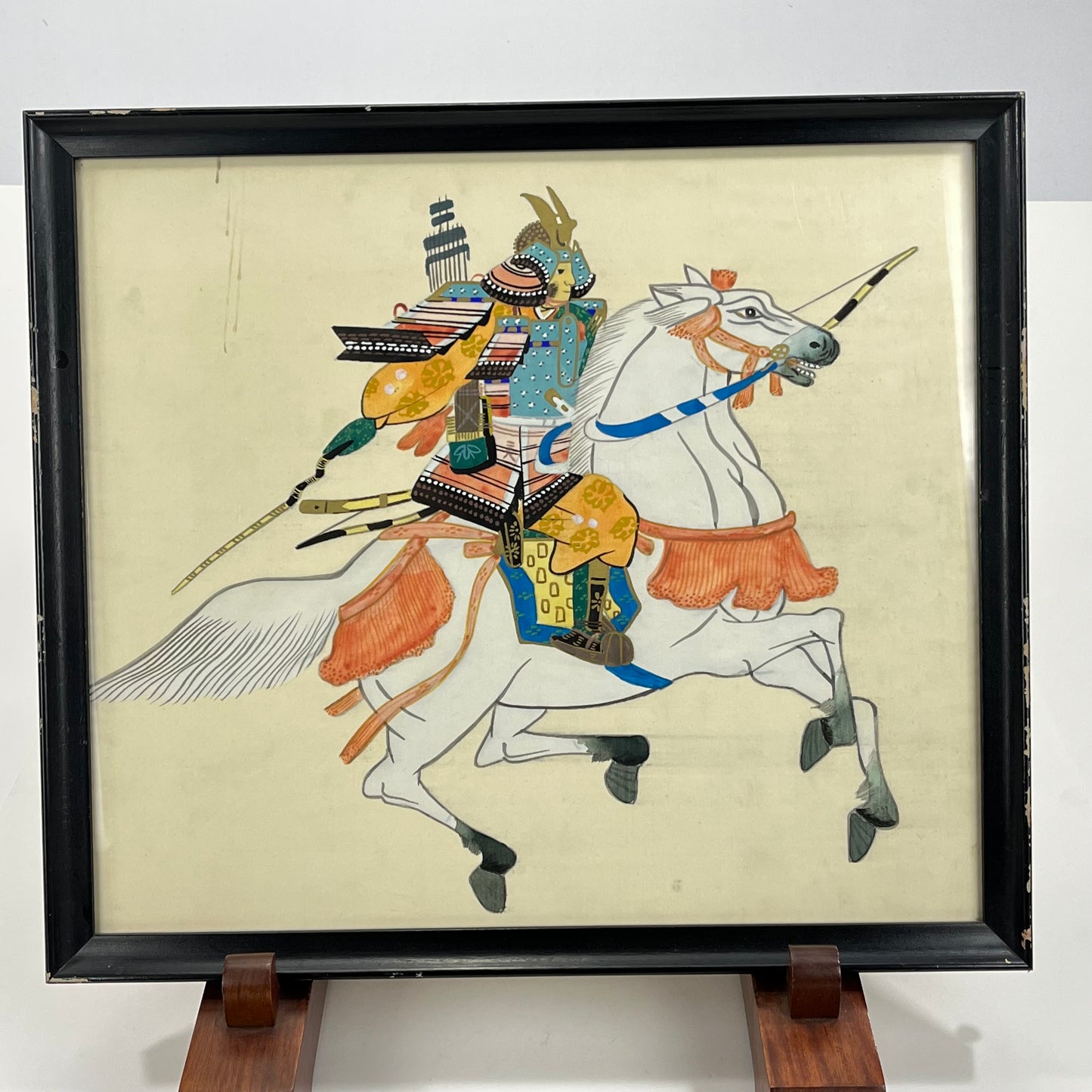 Framed Painting on Silk of Kamakura Era Samurai On Horseback 17"