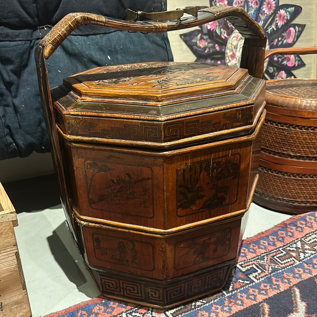 Antique Chinese Two Tiered Wedding & Gift Basket Bamboo & Lacquer