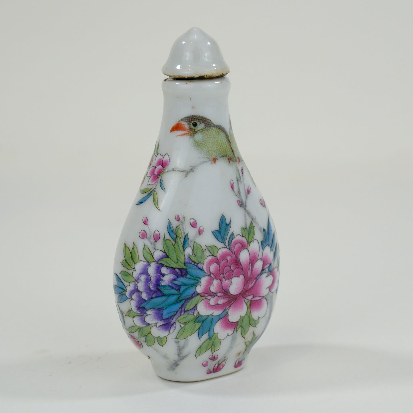 Vintage Chinese Ceramic Snuff Bottle w/ Peonies & Finches 3.25"