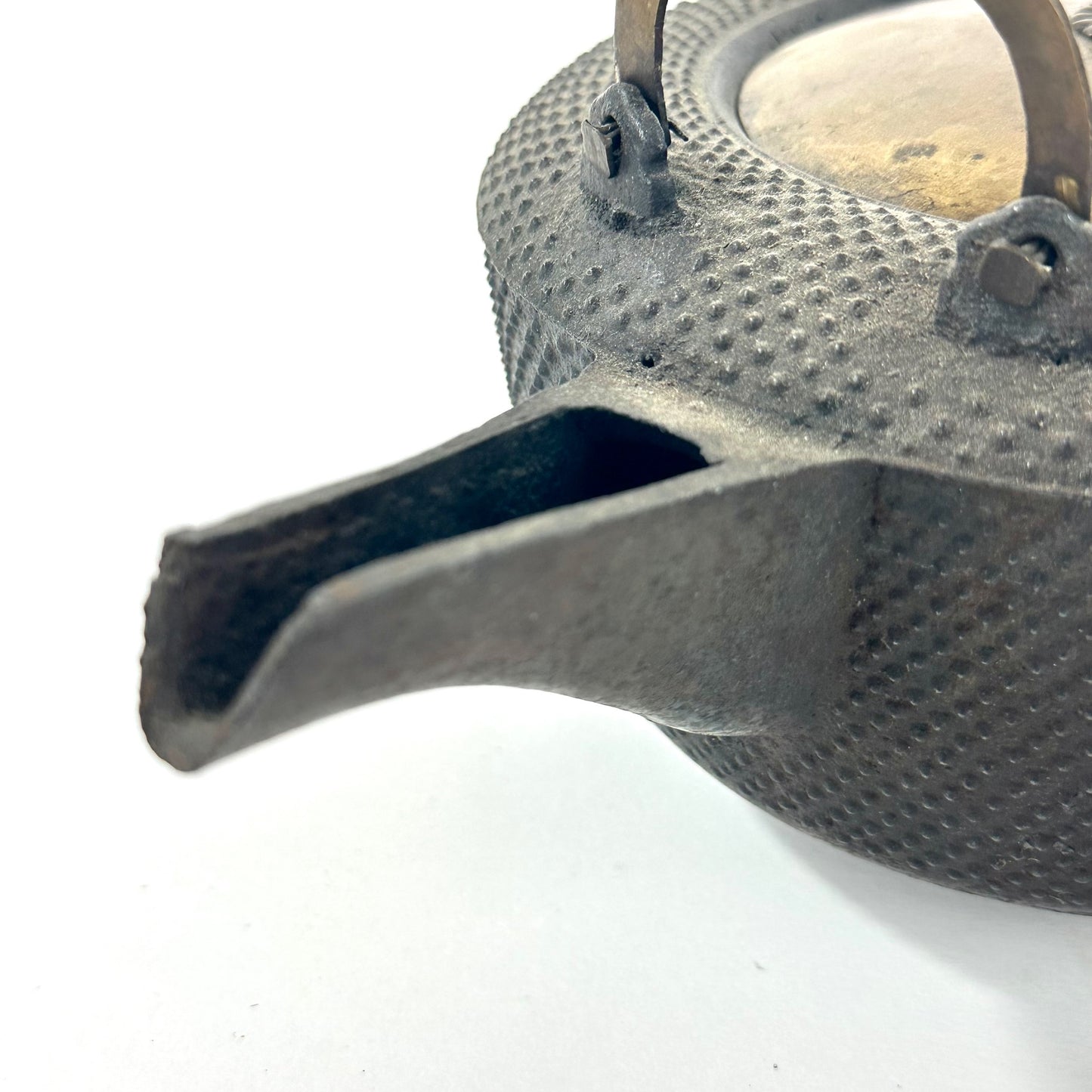 Antique Japanese Cast Iron Chōshi Three-Legged Sake Warming and pouring Vessel w/ Arare Pattern