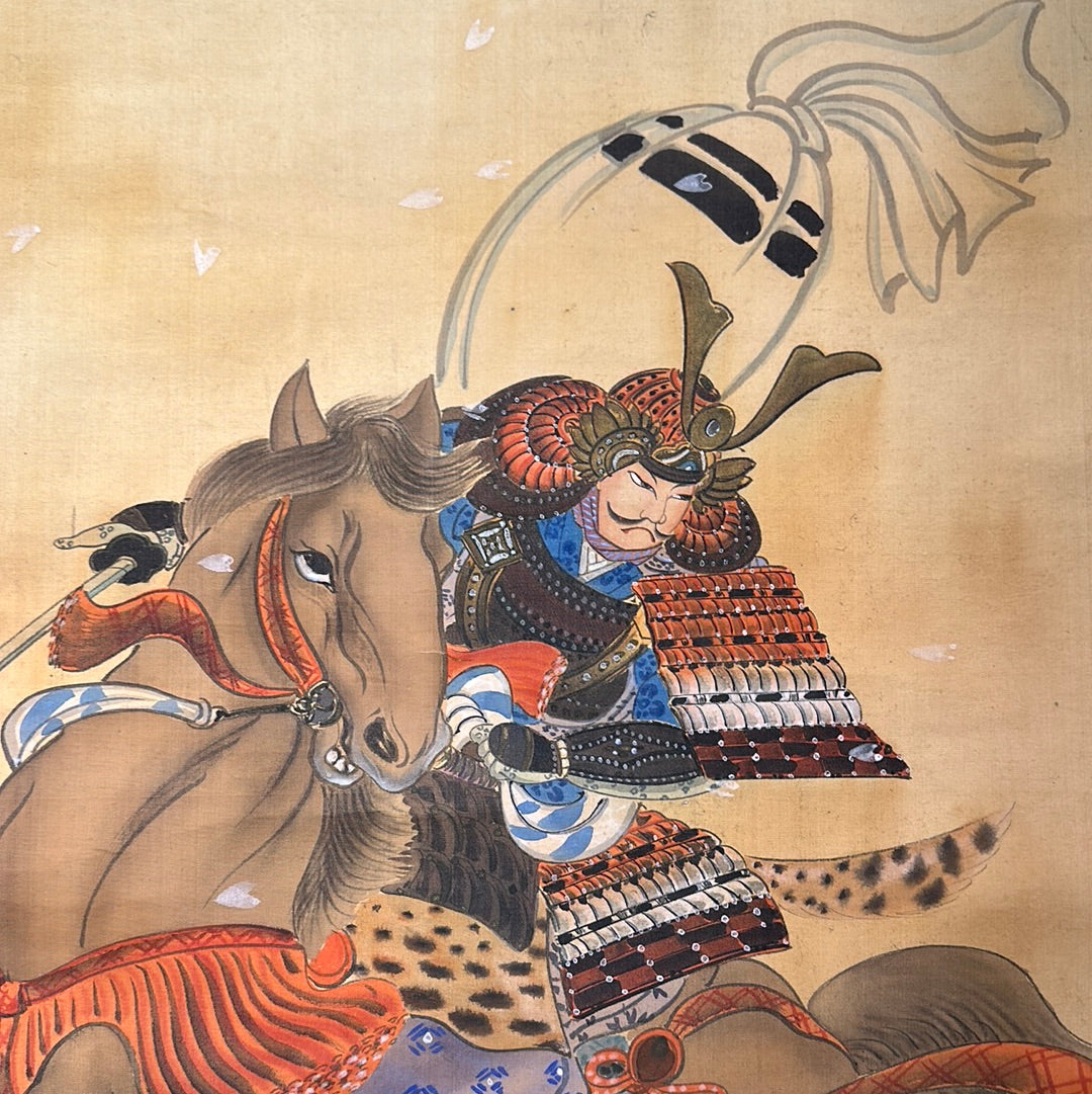 Japanese Scroll Hand Painted on Silk Taisho Era Samurai on Horseback 71"