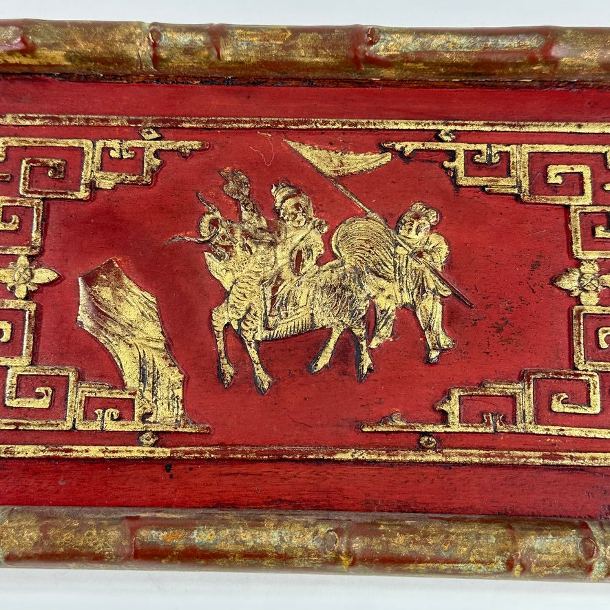 Antique Chinese Carved Gilt Lacquer Wood Panel Fragment Rider Scene 11.5″L