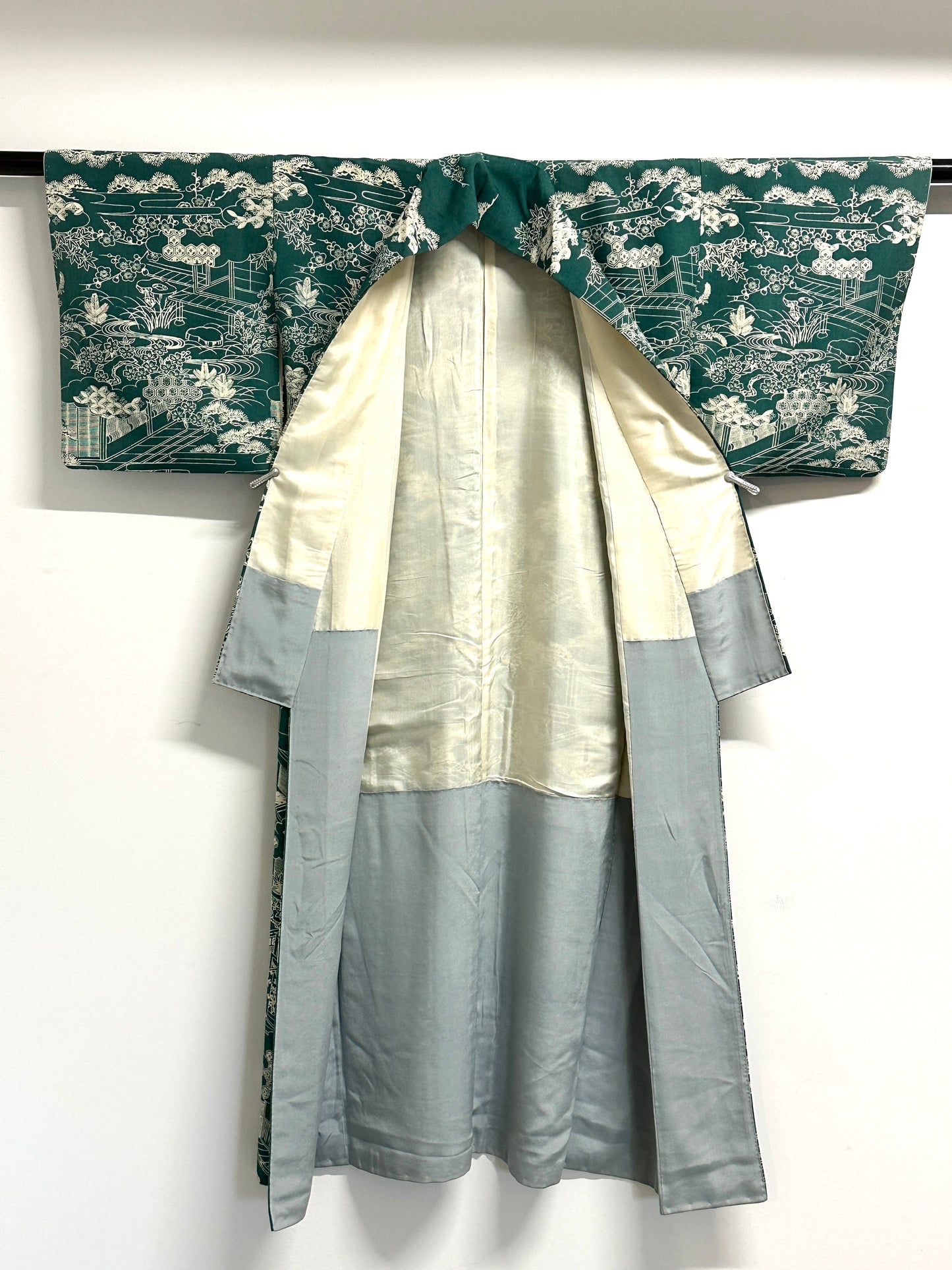 Vintage Japanese Silk Kimono Allover Garden Landscape Teien Crane Pine Teal Showa