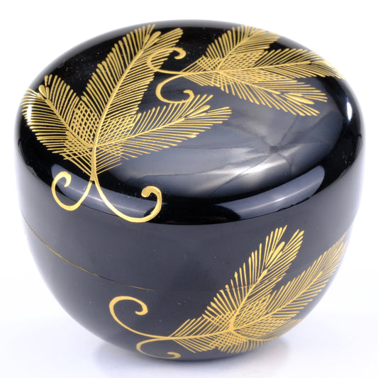Japanese Tea Ceremony Hira-Natsume Tea Caddy Pine Bows Black Lacquer Gold Makie
