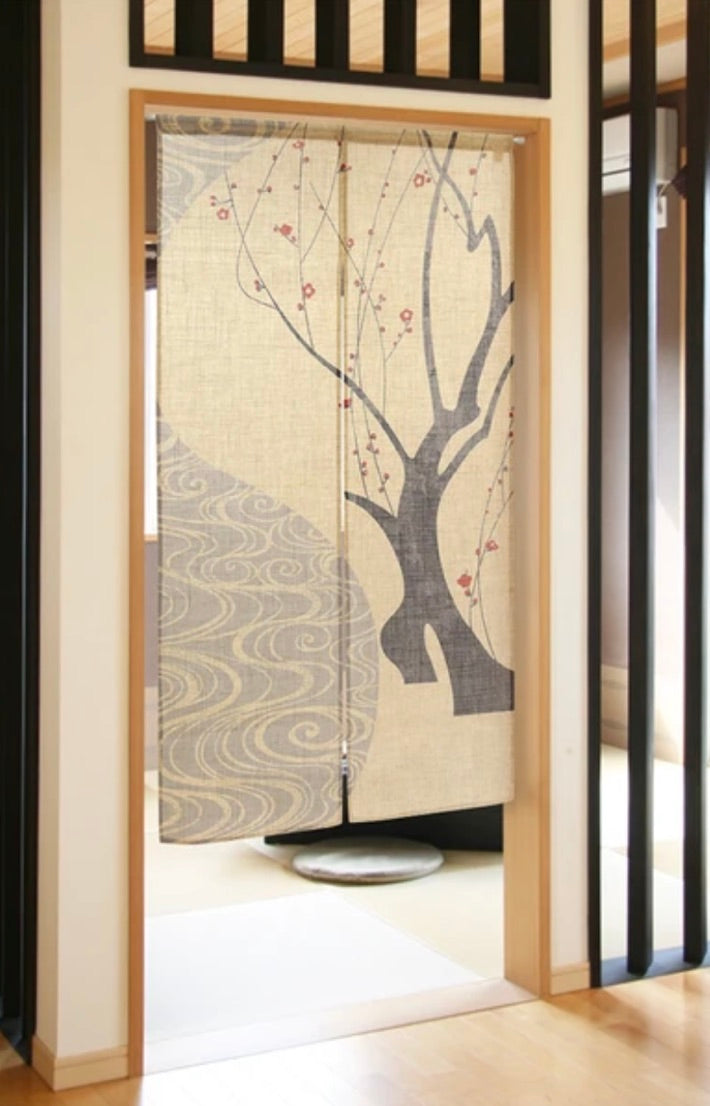 New Japanese Noren Curtain Red Plum Flowing Water Slub 150cm Made in Japan