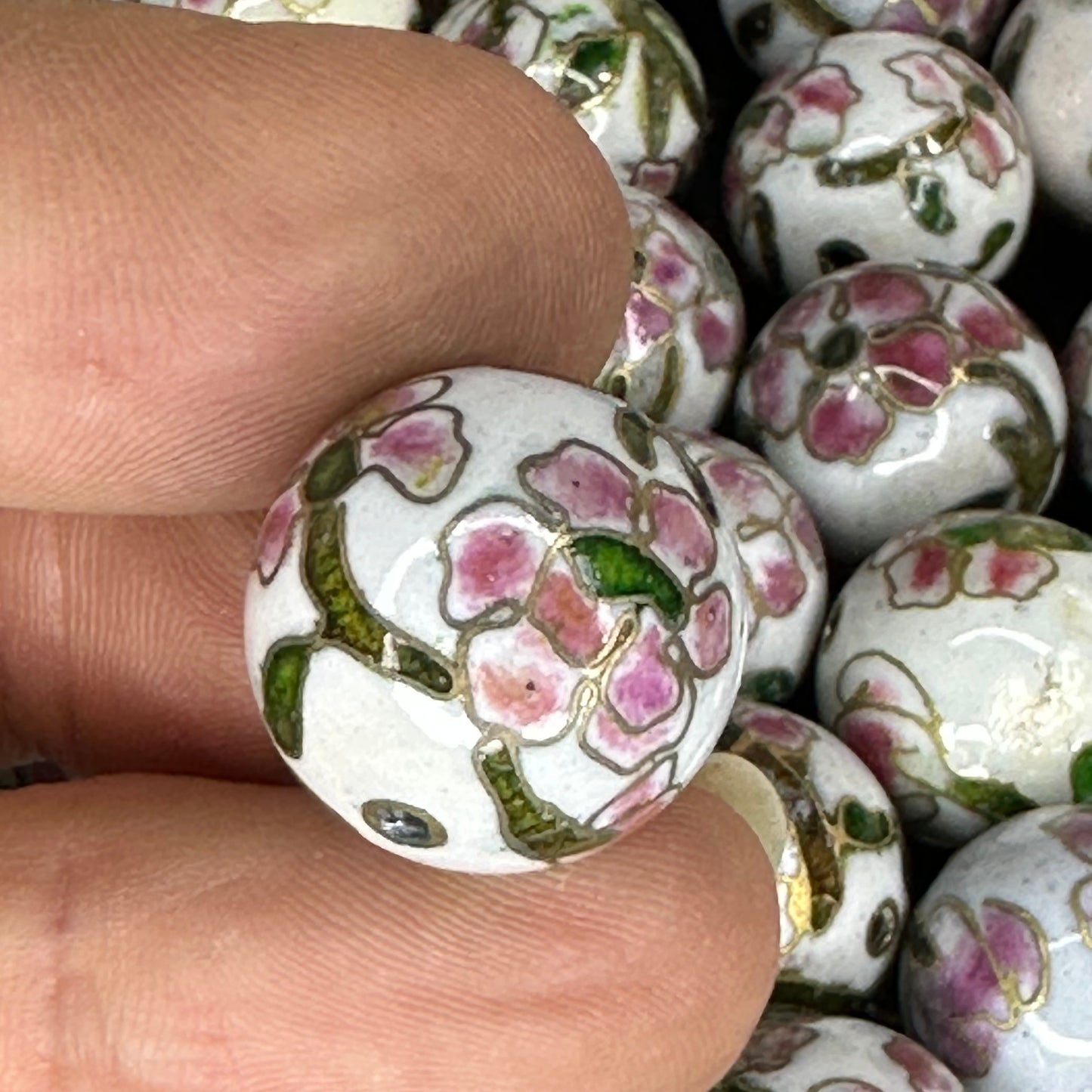 Vintage Chinese Cloisonne Pink & Green Floral Bead 18mm Glass Enamel Jewelry