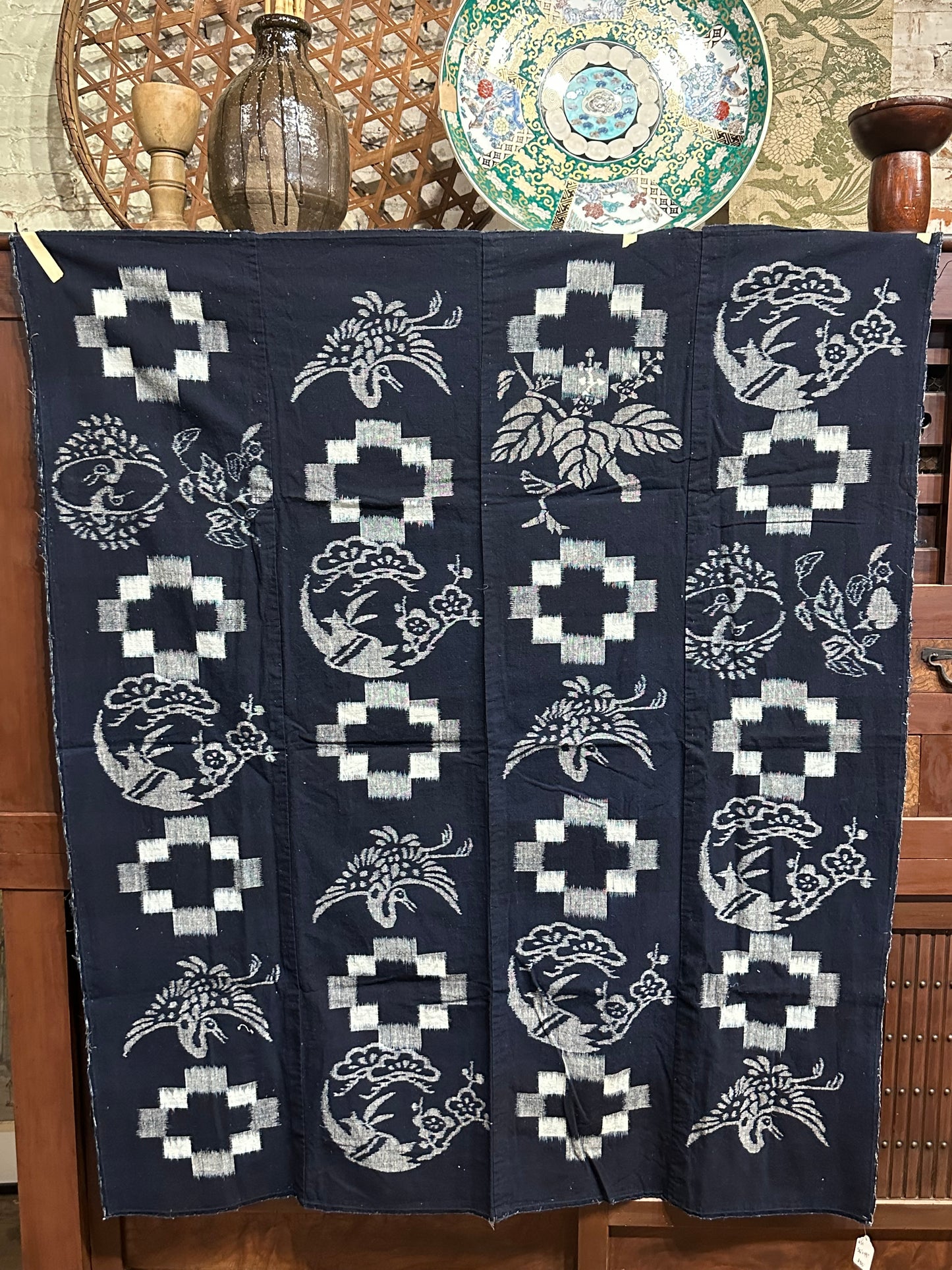 Antique Japanese 19th Century Textile - Kasuri Indigo Ikat 56"x49" Tsuru #51