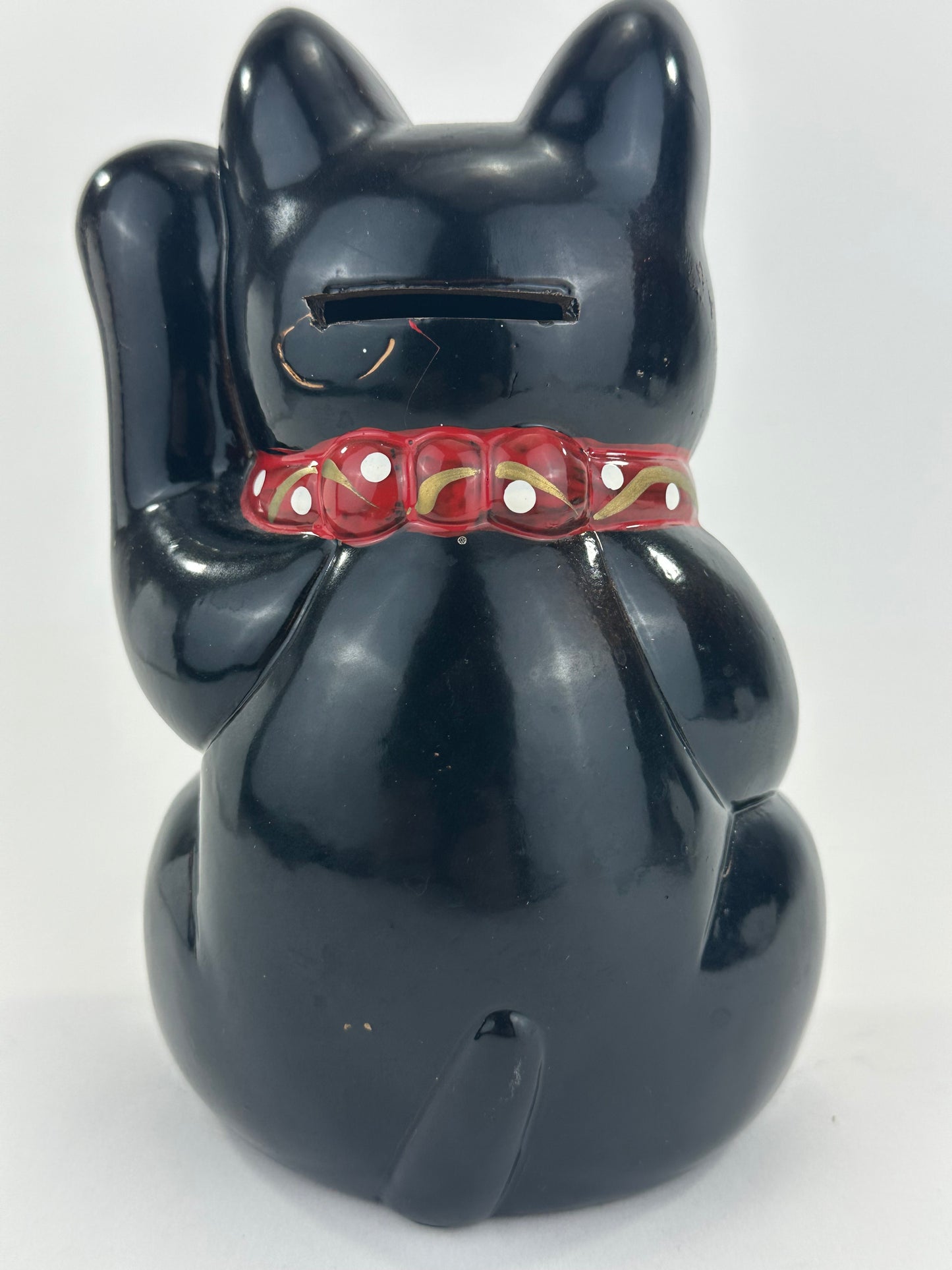 Vintage Japanese Black Ceramic Maneki Neko Fortune Cat Lucky Coin Bank 7"H