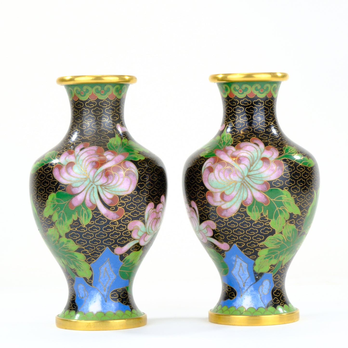 Chinese Cloisonne Enamel Vase Pair Black Ground Blue Bird Pink Peony Gold Rim