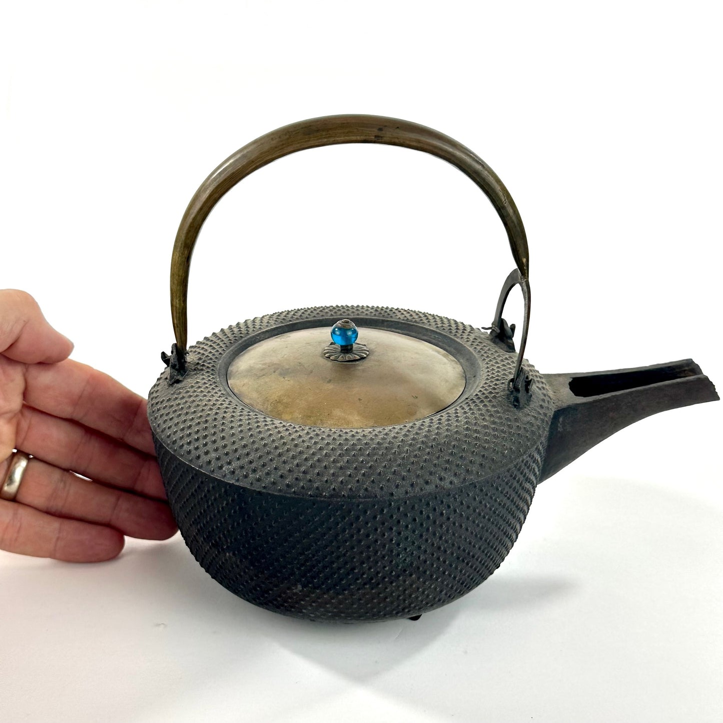 Antique Japanese Cast Iron Chōshi Three-Legged Sake Warming and pouring Vessel w/ Arare Pattern