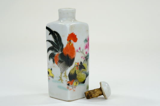 Vintage Chinese Ceramic Snuff Bottle Rooster Motif w/ Stopper 3"