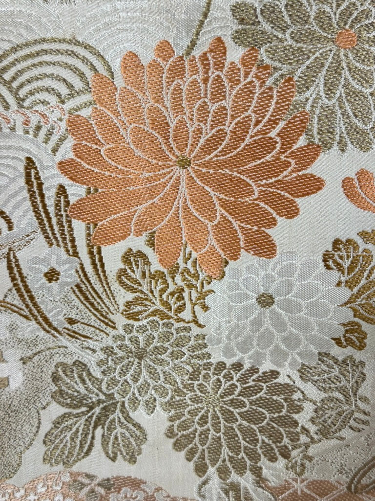 Antique Japanese Silk Tsuzure Fukuro Obi Crane Chrysanthemum Wave 13'L