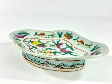 Chinese Famille Rose Porcelain Lozenge Dish Peach Longevity Floral Celadon Ground Late Qing 7.5"