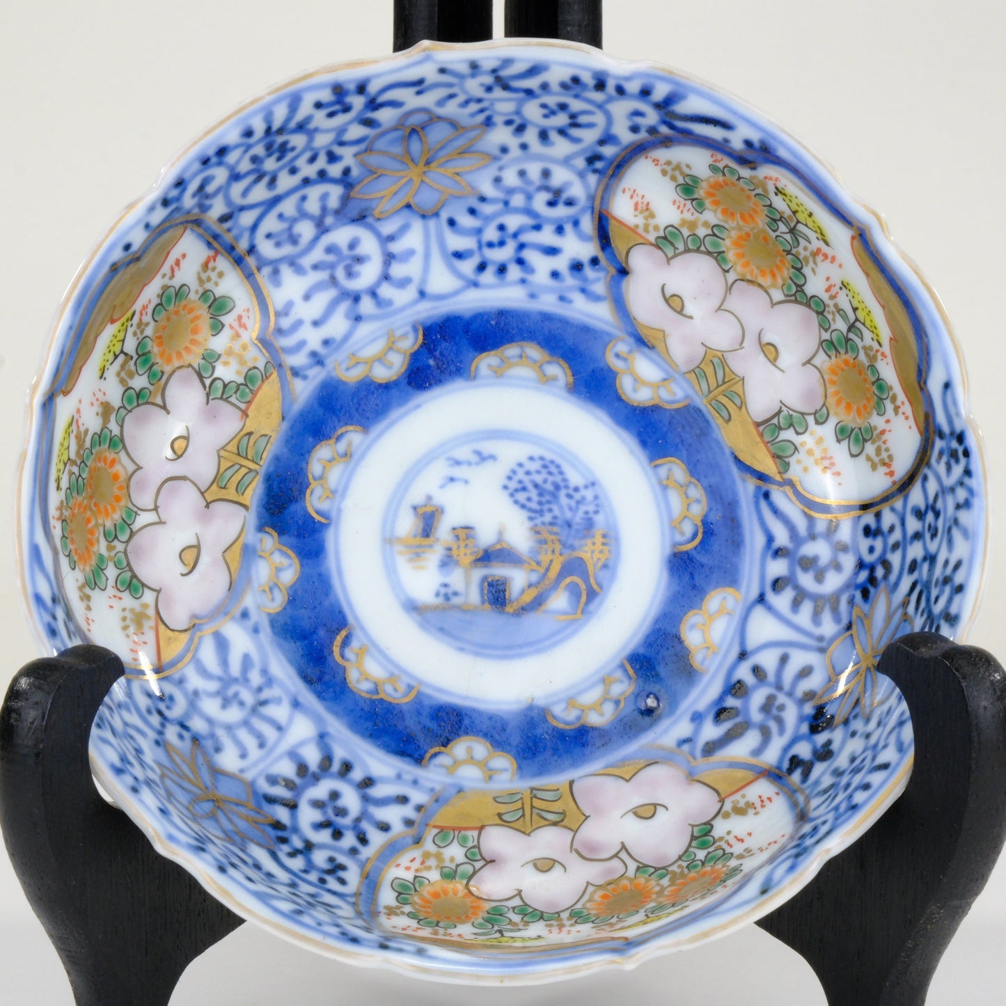Japanese Imari Kinrande Bowl Willow Landscape Plum Blossom Gold Meiji 6 Inch
