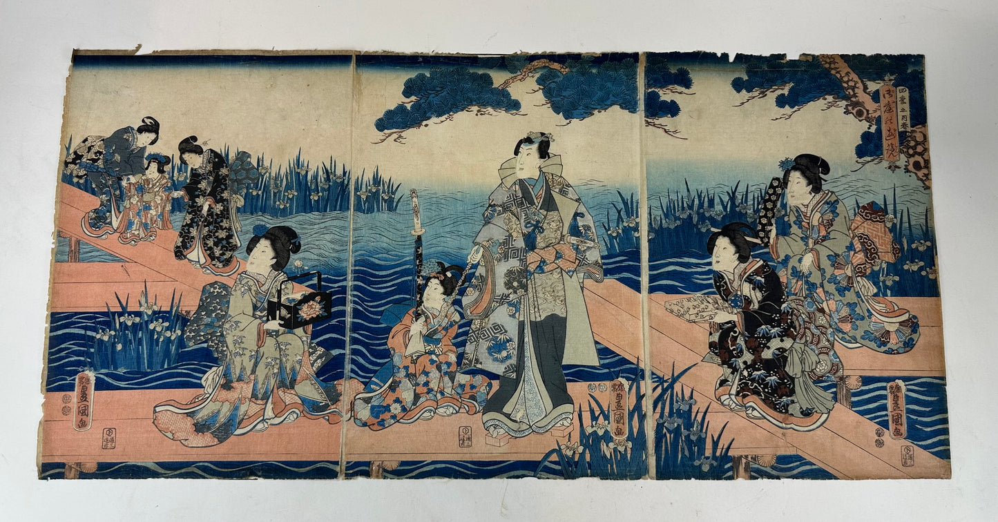 Original Japanese Woodblock Print: by Toyokuni III 1853 Tales Of Genji Iris Garden