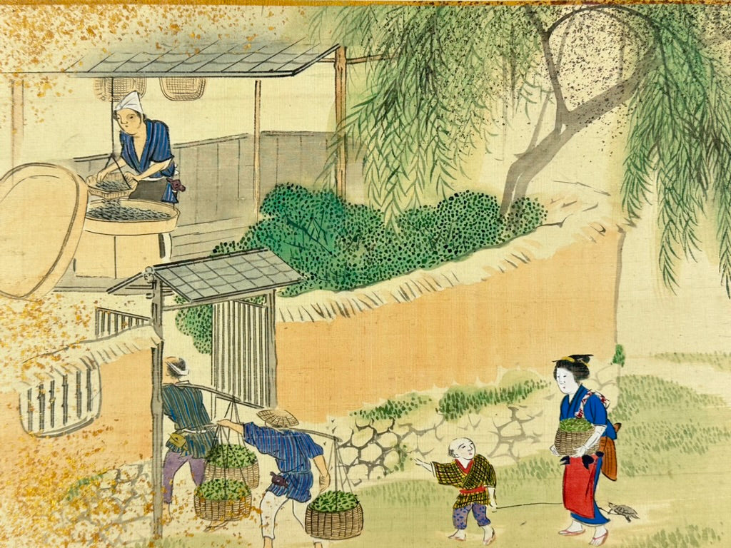 Antique Japanese Silk Painting Tea Pickers Genre Scene Gold Fleck 14"W