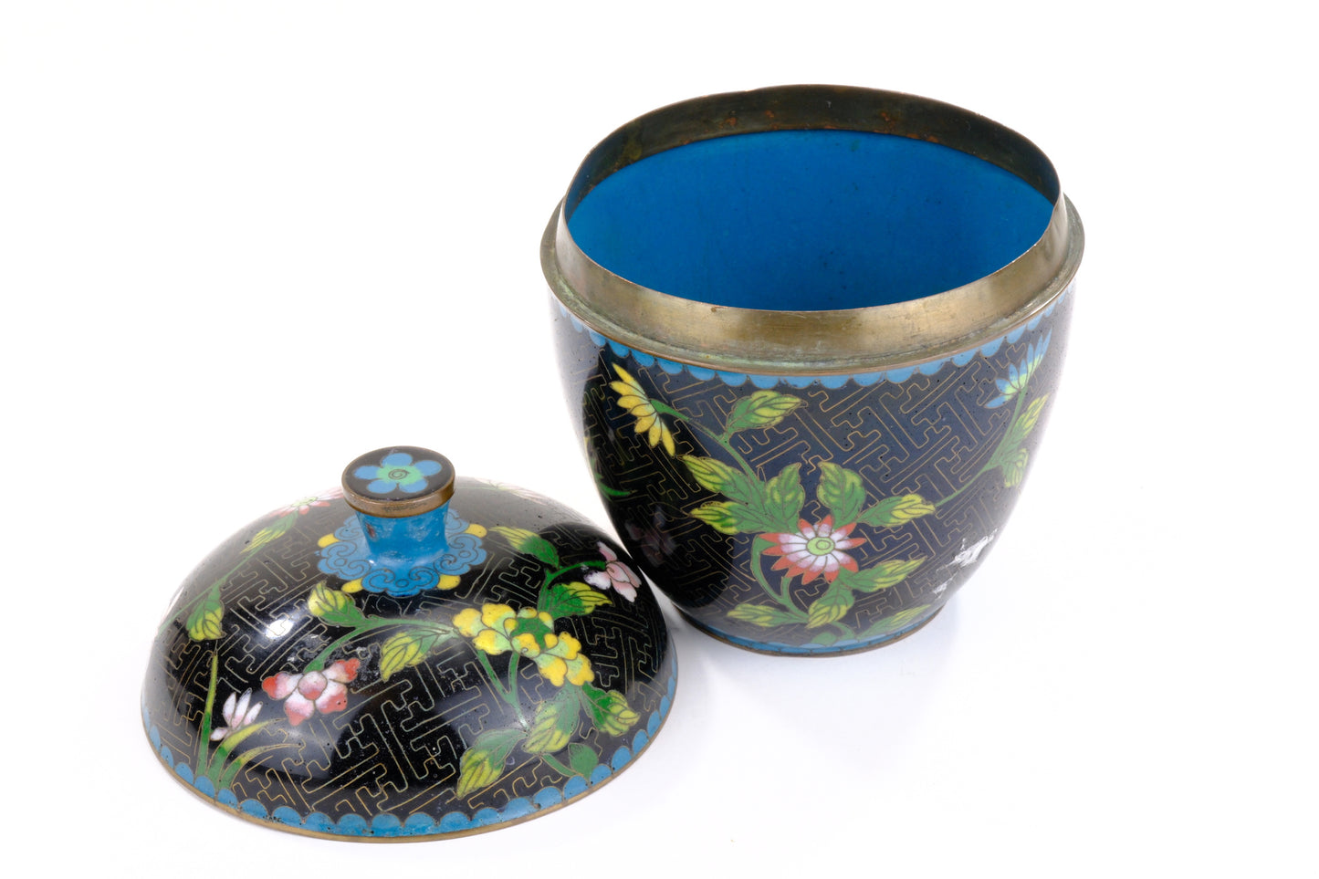 Chinese Cloisonne Enamel Moon Flask Vase Green Black Ground Floral Butterfly Three Feet 5.5"H