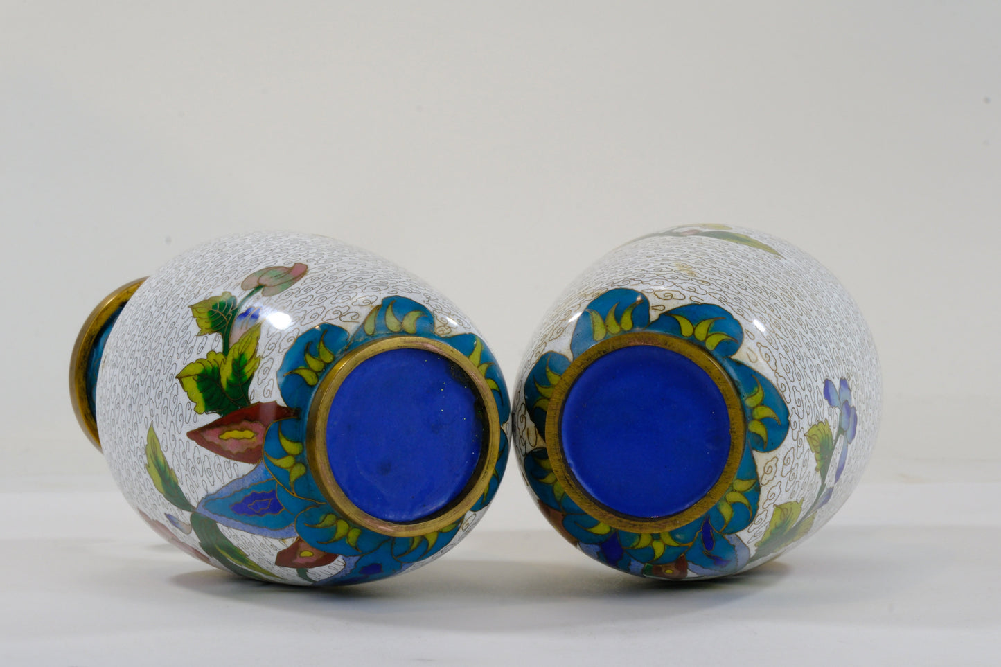 Chinese Cloisonne Enamel Vase Pair White Ground Pink Peony Cloud Pattern Teal Border 6.5"H