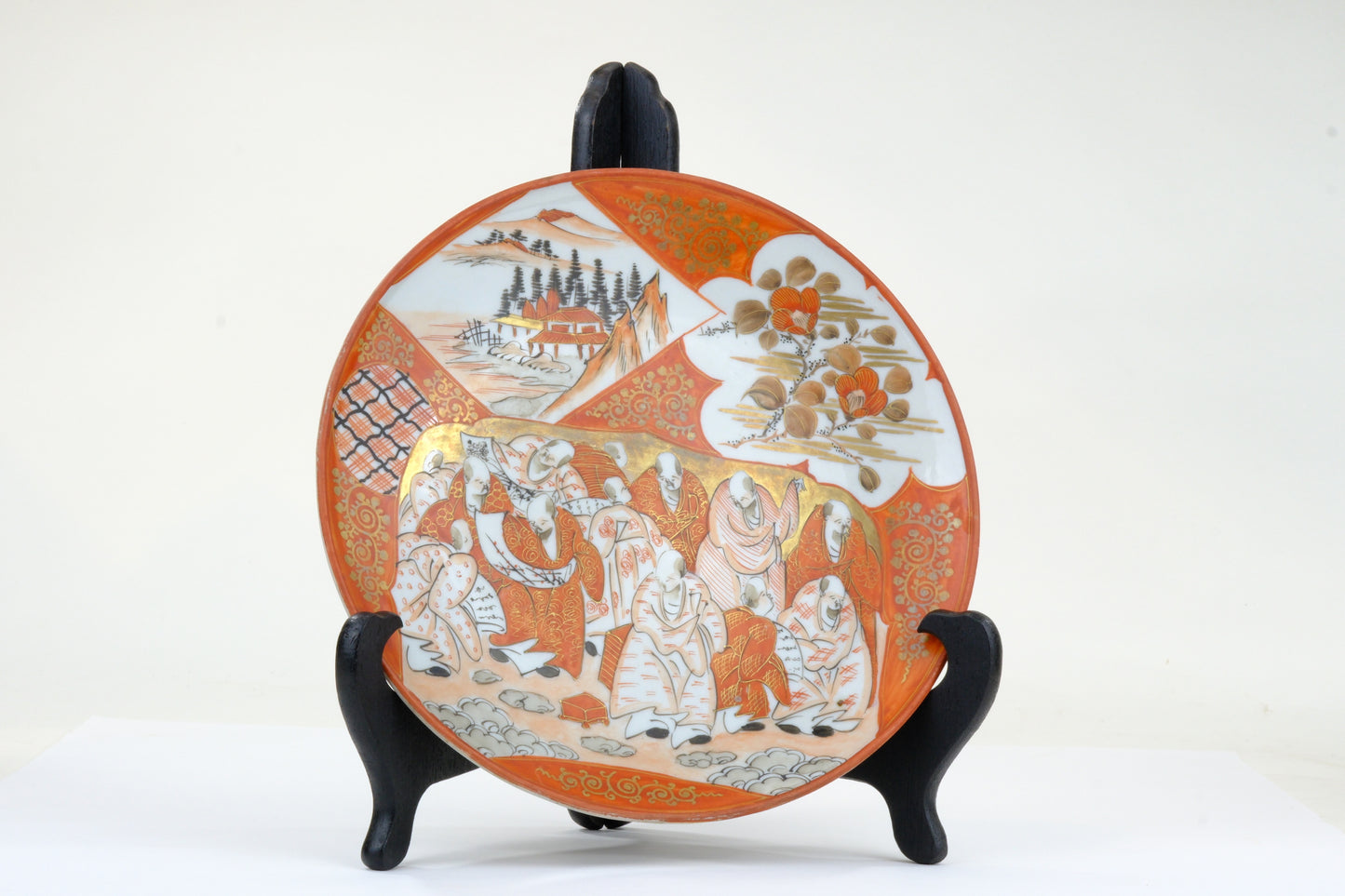Antique Japanese Kutani Aka-e Plate Rakan Buddhist Figures Landscape Gold Meiji