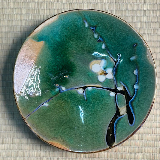 Vintage Japanese Mashiko Mingei Hamada School Stoneware Plate c1970 Green Plum Branch 11"W
